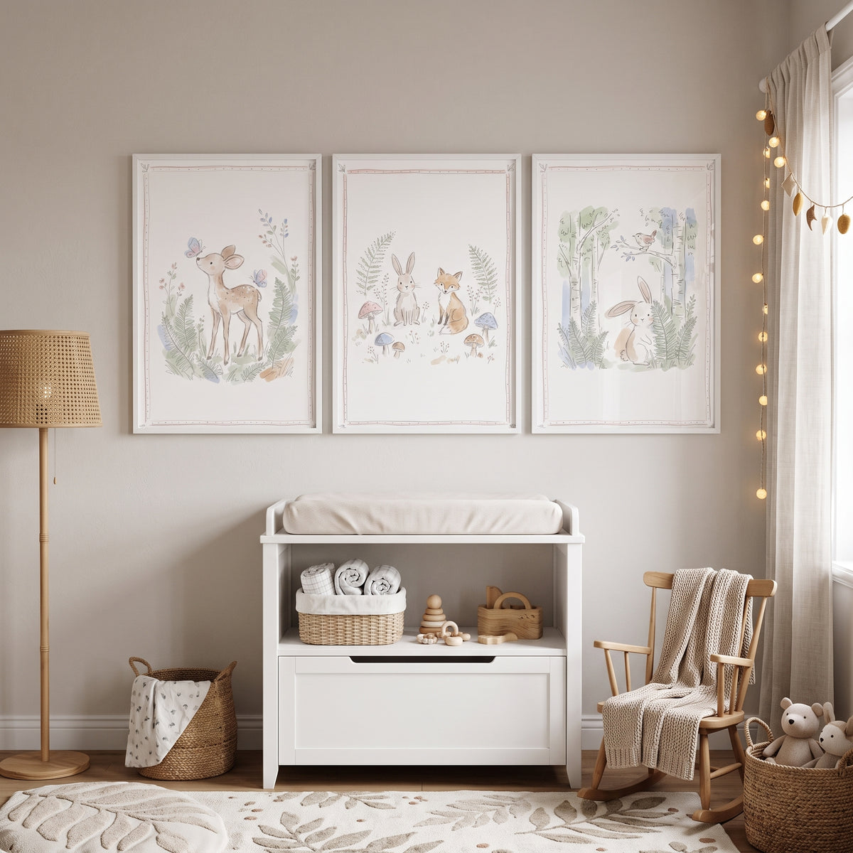 Serene Nature Woodland Animal Wall Art Set of 3 - Gentle Meadow Prints