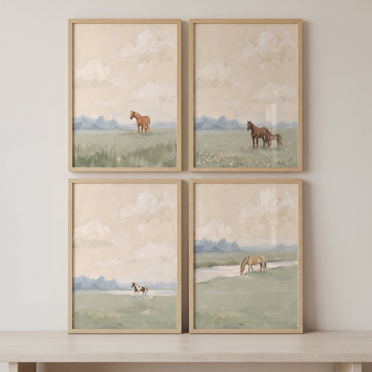 Serene neutral country horse wall art set of 4 featuring horses grazing in soft landscapes within light wood frames.