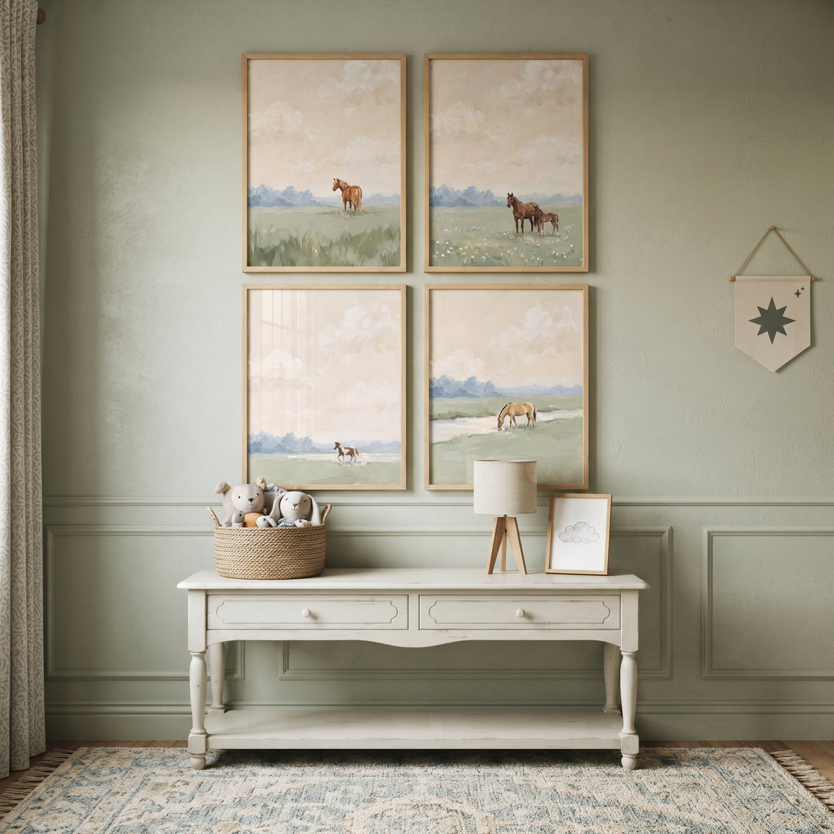 Serene Neutral Country Horse Wall Art Set Of 4 - Pastoral Field Views