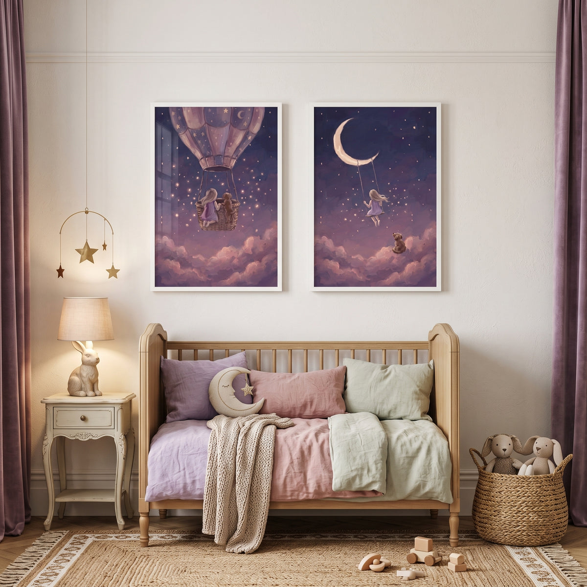 Serene Night Girl Dog Wall Art Set of 2 - Midnight Dream Flight