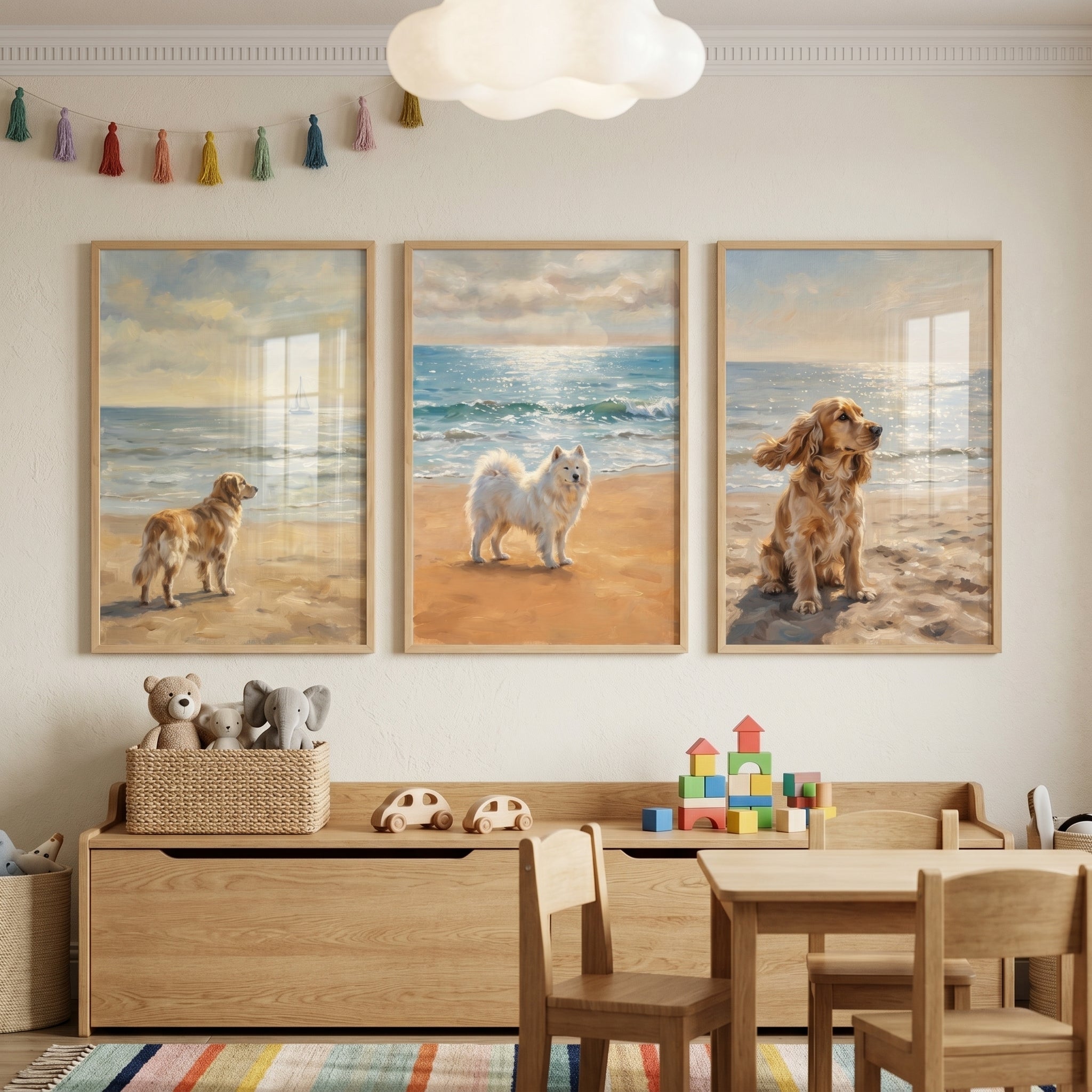 Serene Oceanfront Sandy Dog Wall Art Set of 3 - Seaside Dog Trio