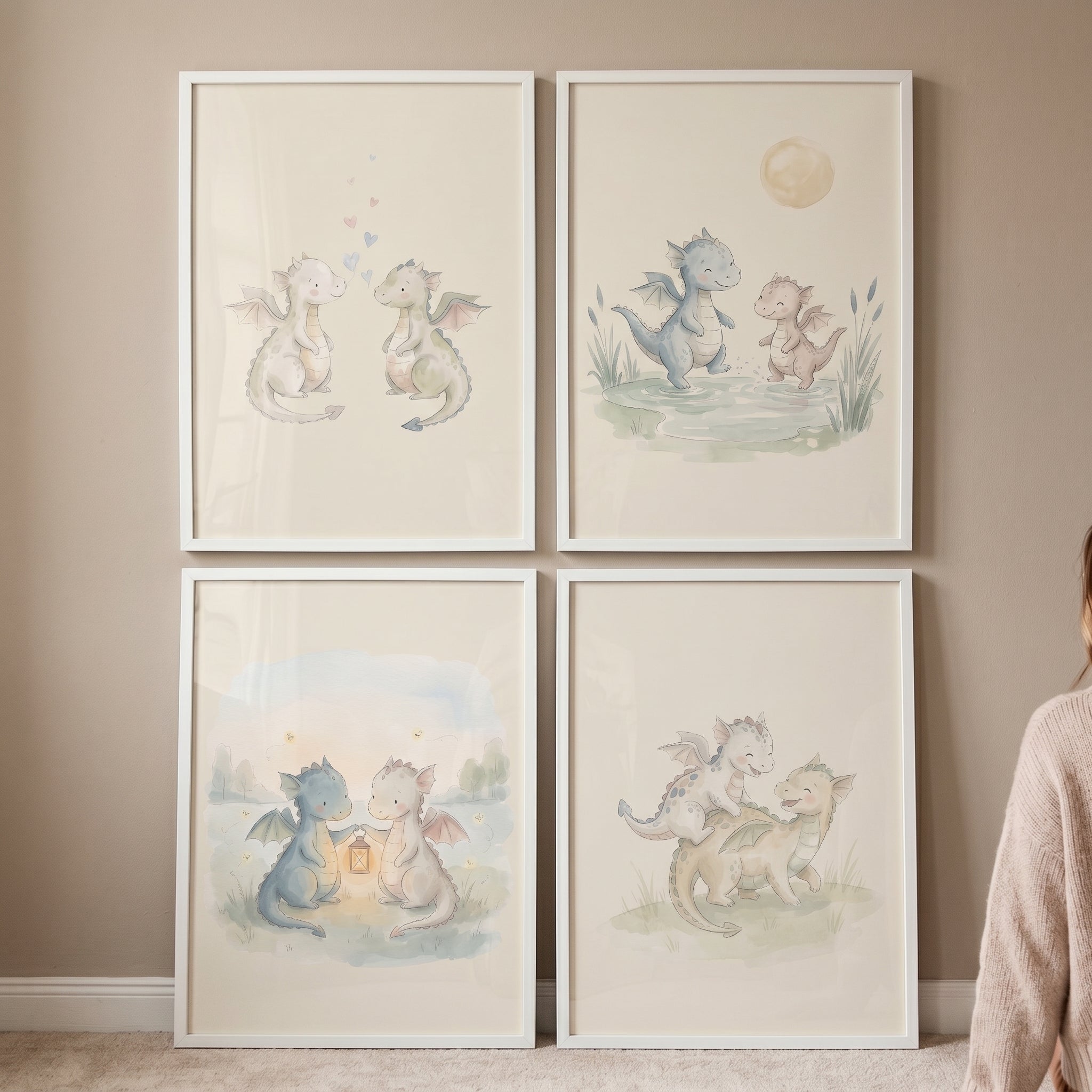 Serene Pastel Baby Dragons Wall Art Set of 4 - Sweet Nursery Dragons