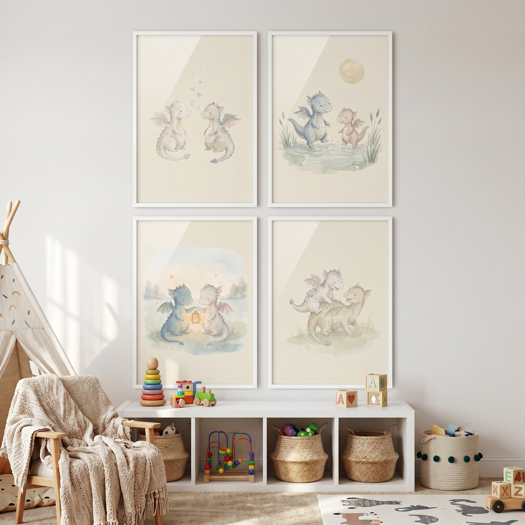 Serene Pastel Baby Dragons Wall Art Set of 4 - Sweet Nursery Dragons