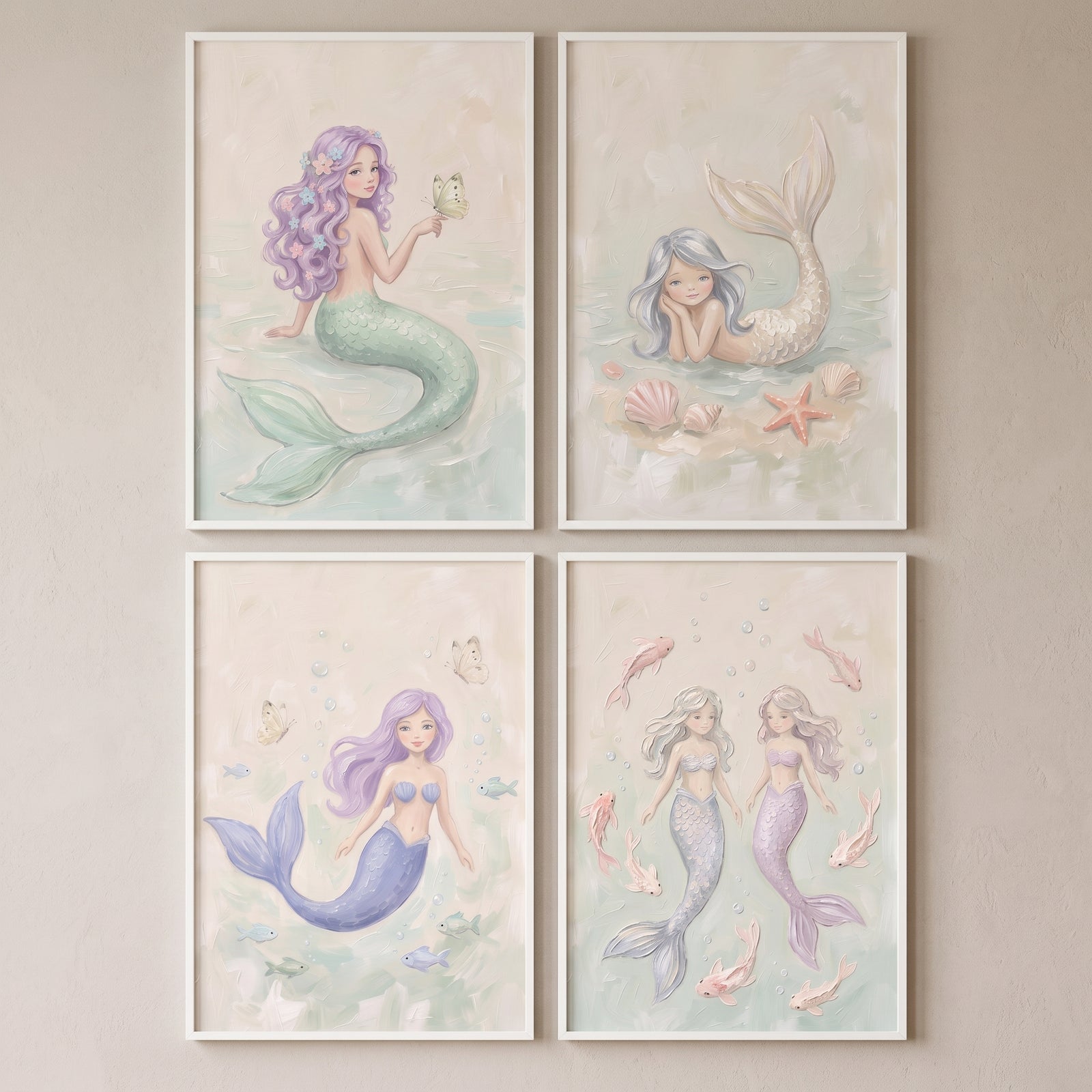 Serene pastel lilac mermaid wall art set of 4 featuring ethereal mermaids and sea life in soft watercolor tones.