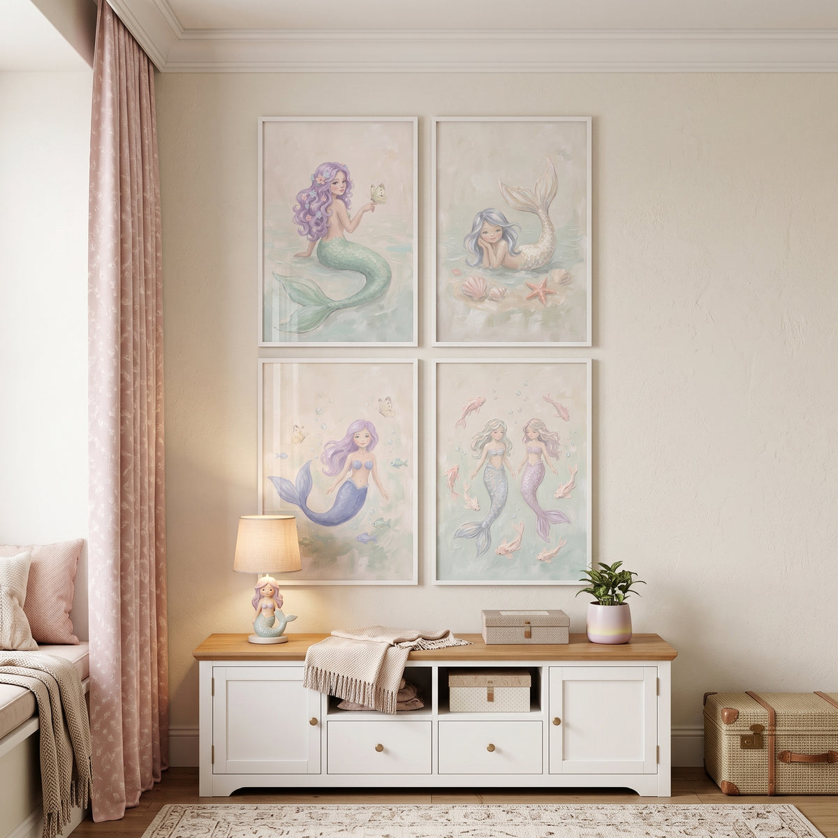 Serene Pastel Lilac Mermaid Wall Art Set of 4 - Whimsical Ocean Tales