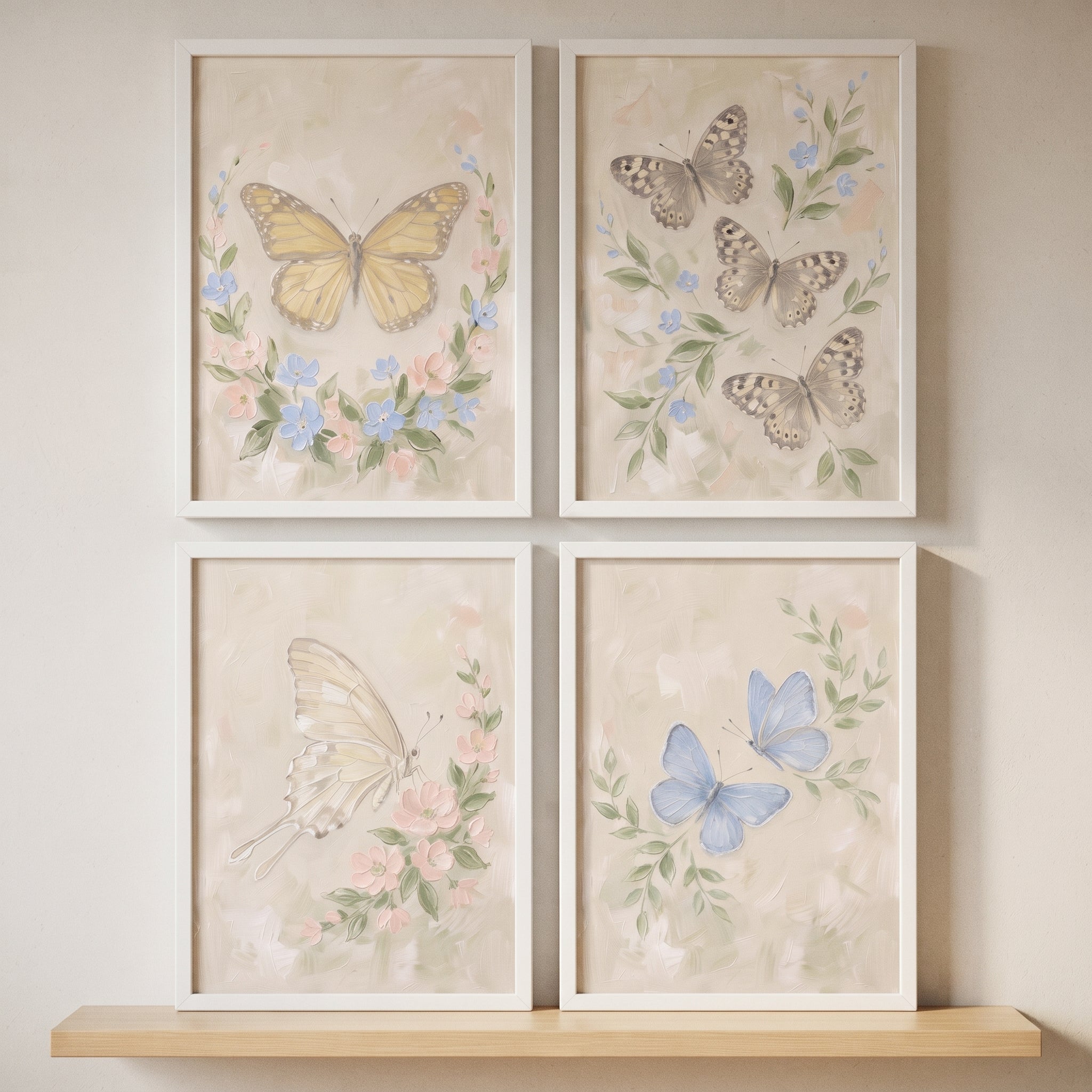 Serene Pastel Meadow Butterfly Wall Art Set of 4 - Delicate Botanical Wings