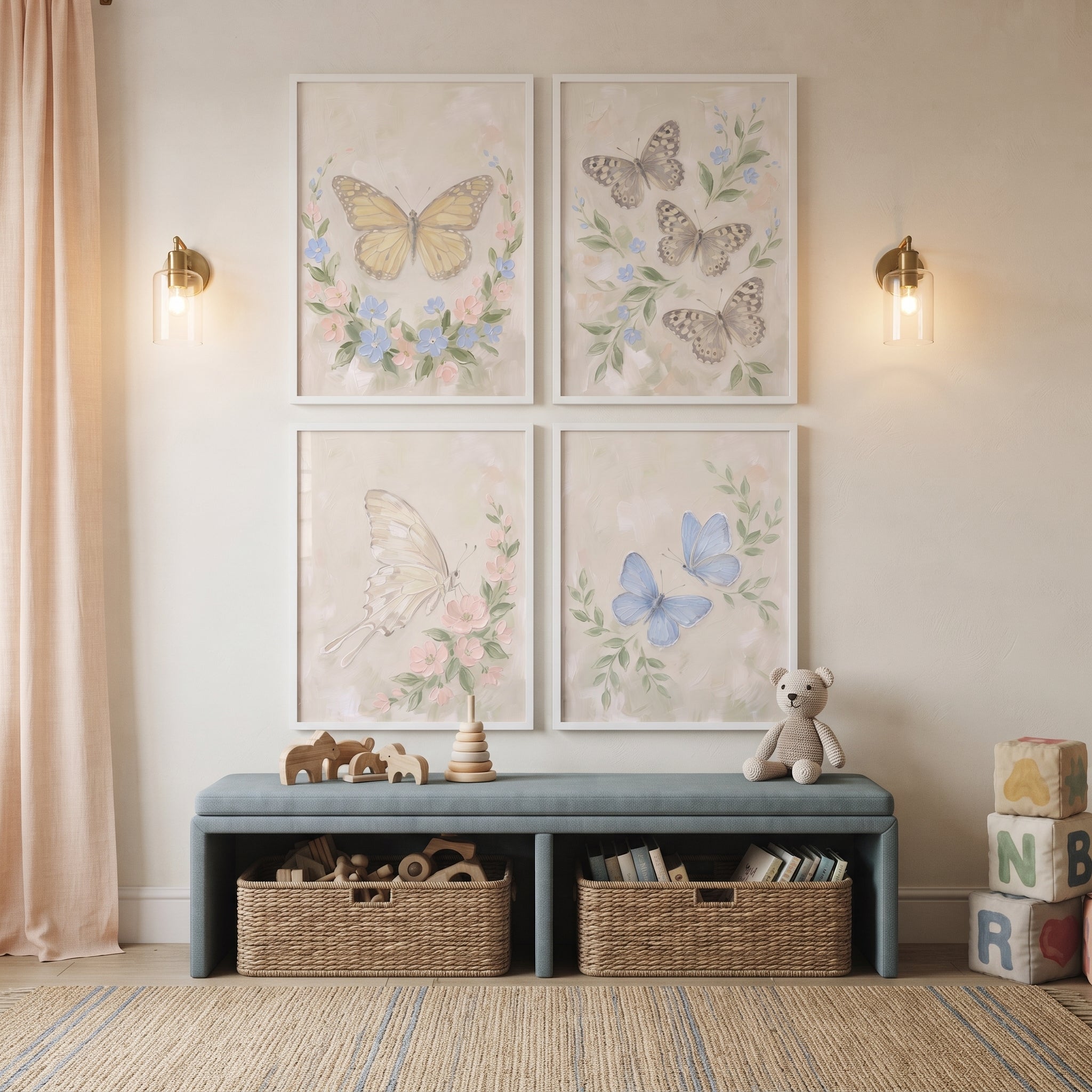 Serene Pastel Meadow Butterfly Wall Art Set of 4 - Delicate Botanical Wings