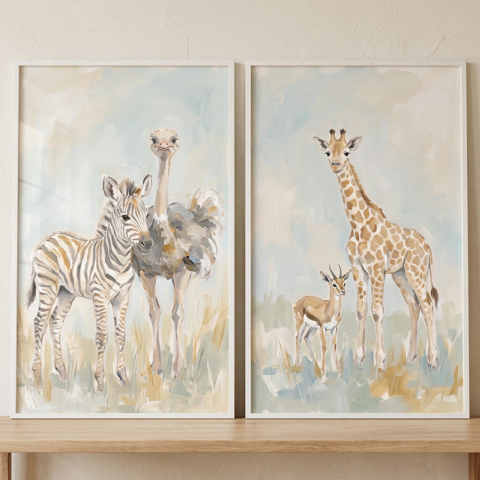 Serene pastel safari animals wall art set of 2 featuring a zebra, ostrich, giraffe, and gazelle.