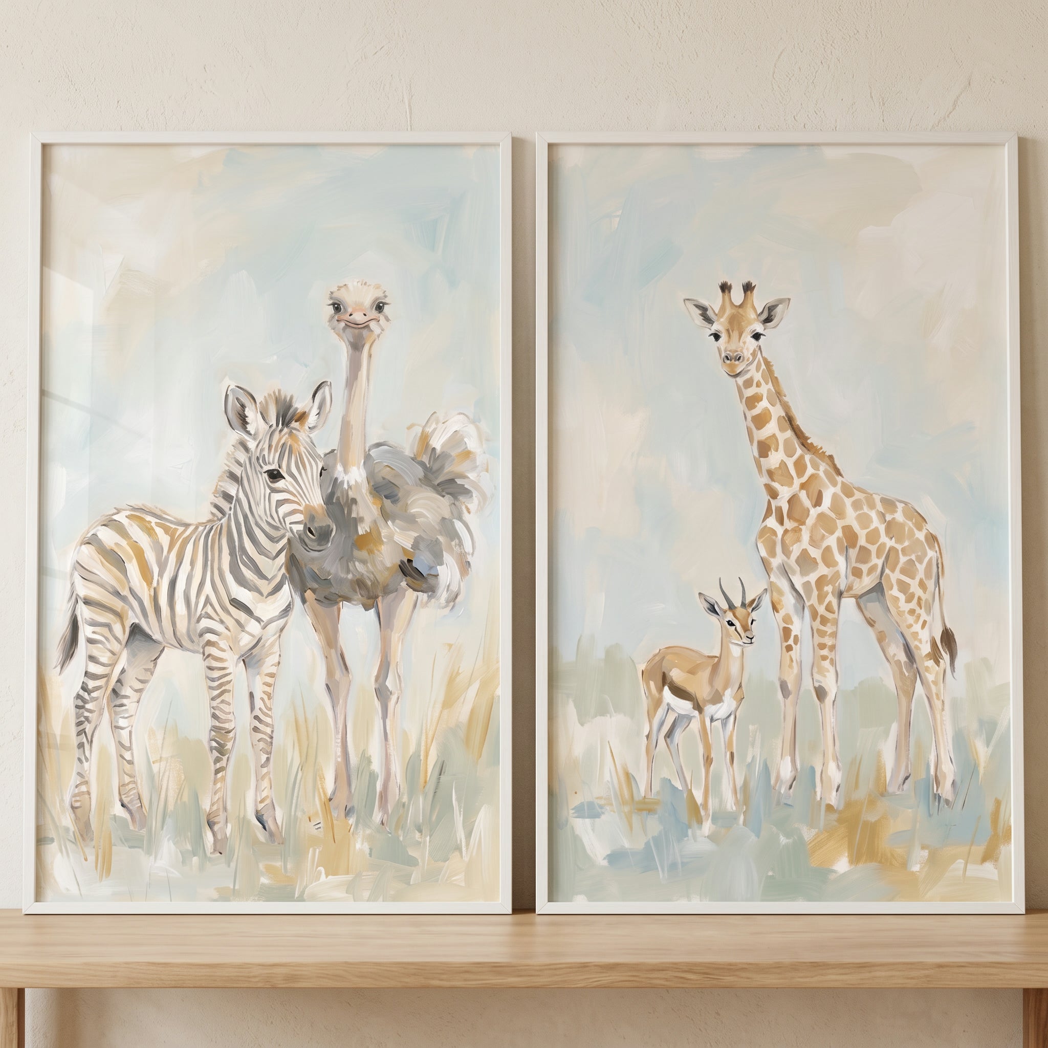 Serene Pastel Safari Animals Wall Art Set Of 2 - Soft Safari Friends