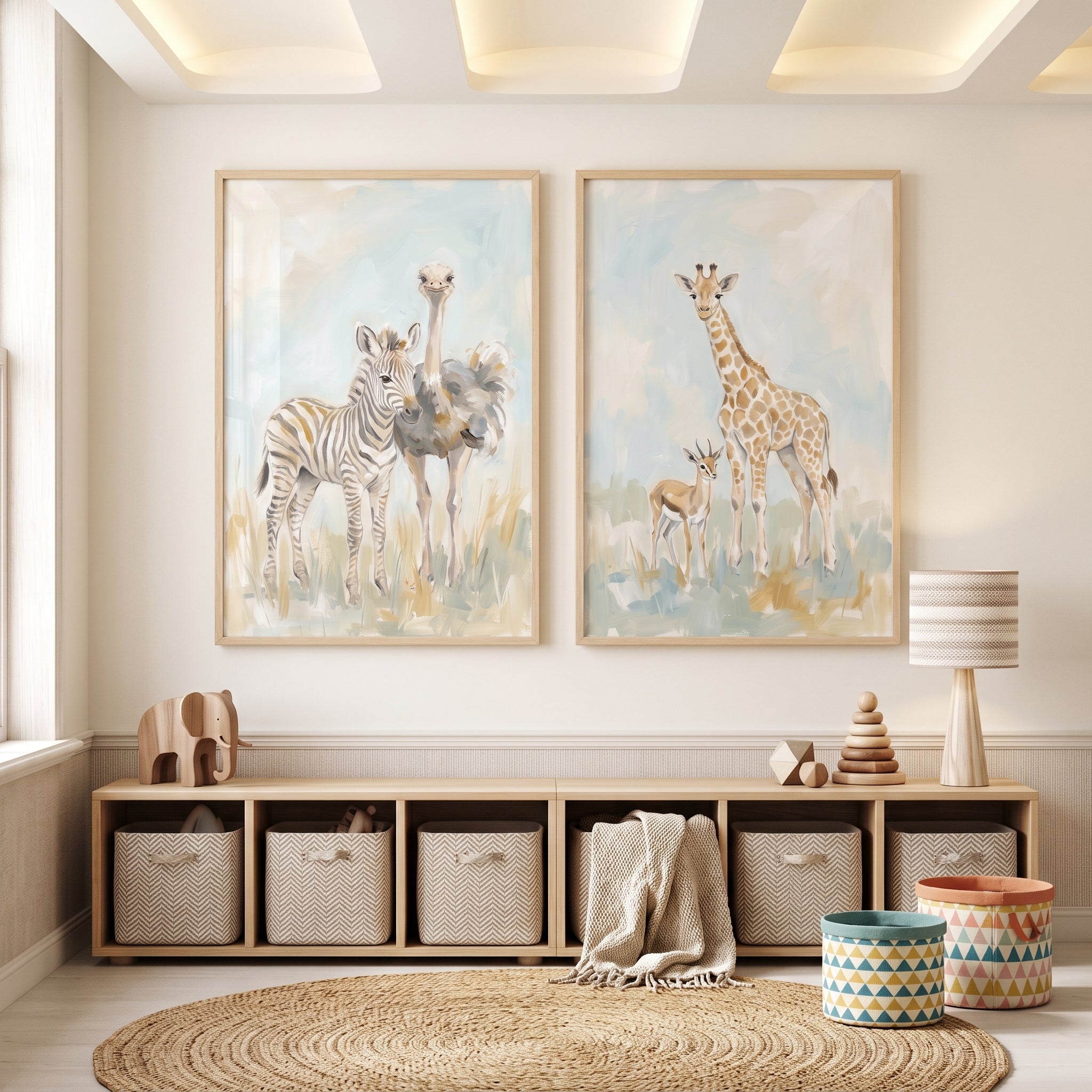 Serene Pastel Safari Animals Wall Art Set Of 2 - Soft Safari Friends