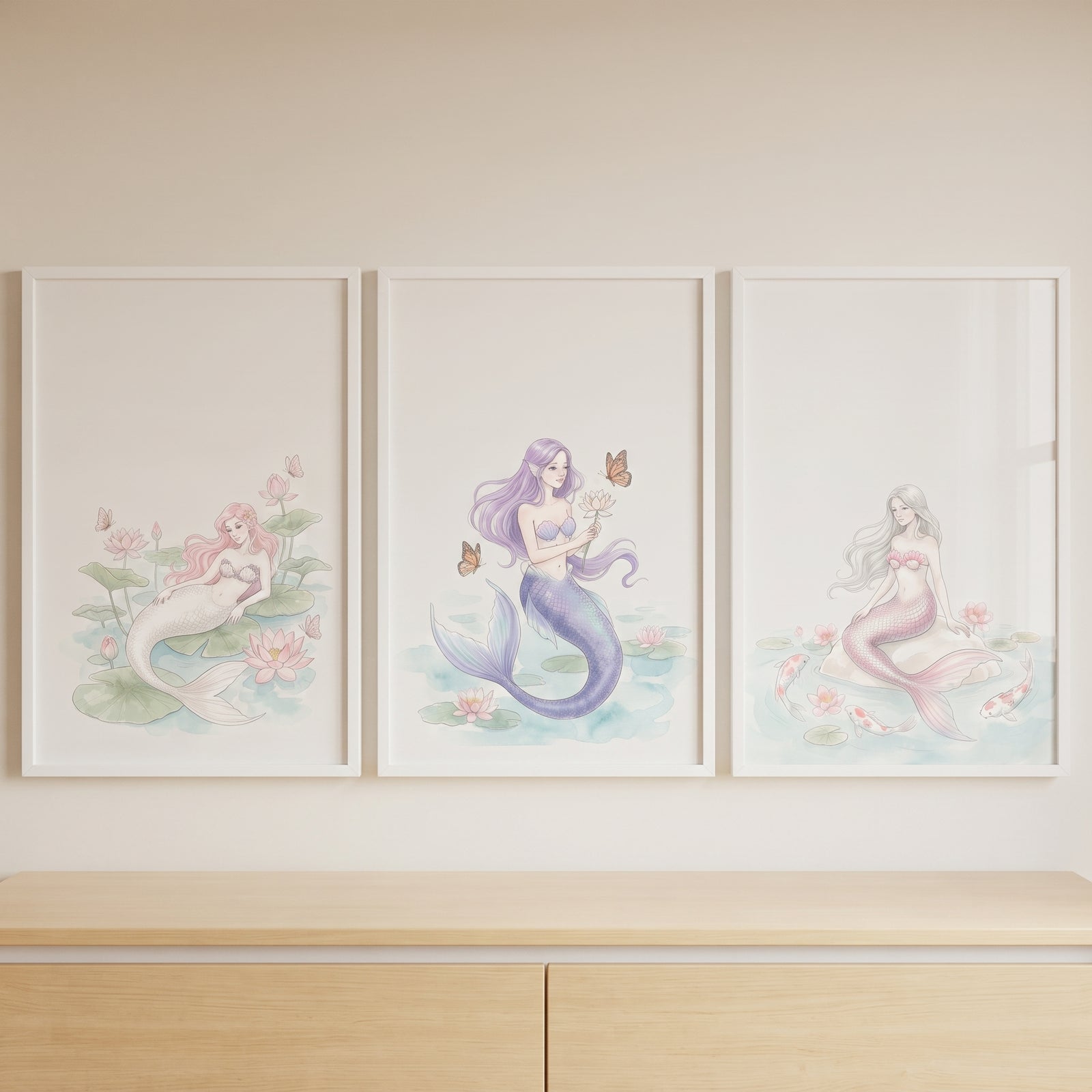 Serene pastel watercolor mermaid wall art set of 3 displayed in white frames on a wall above a light wood dresser.