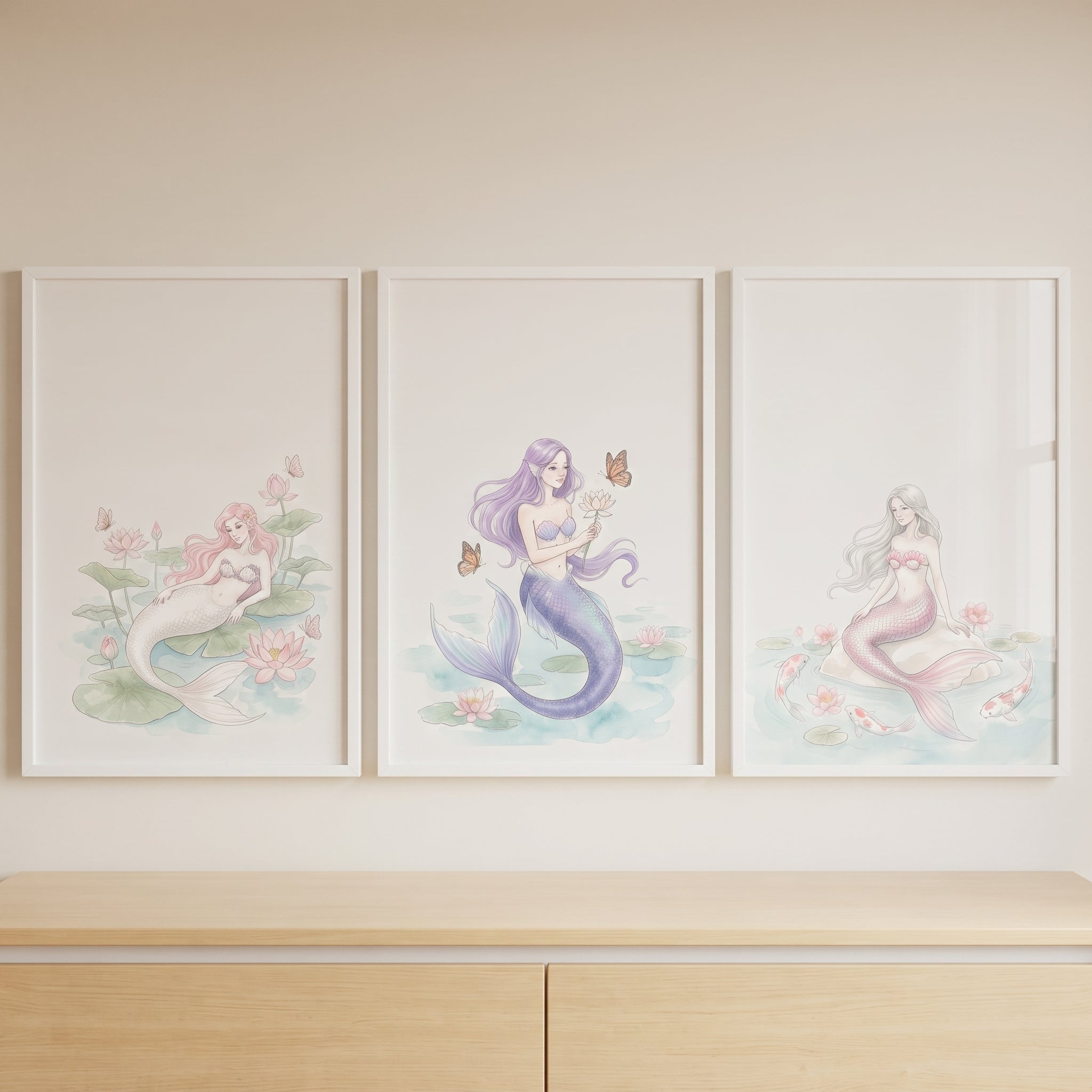 Serene Pastel Watercolor Mermaid Wall Art Set of 3 - Ethereal Water Maidens
