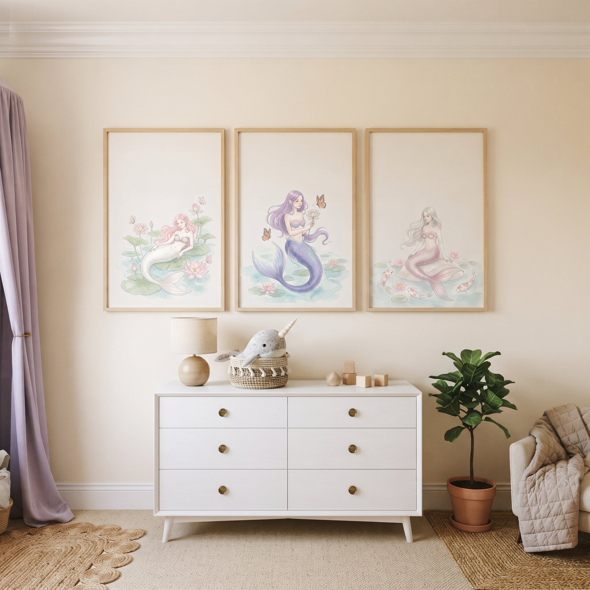 Serene Pastel Watercolor Mermaid Wall Art Set of 3 - Ethereal Water Maidens
