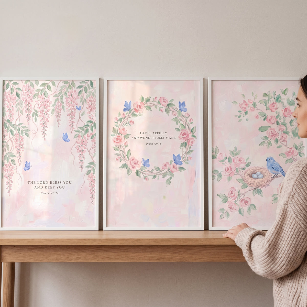 Serene Pink Floral Wall Art Set of 3 - Heavenly Floral Blessings