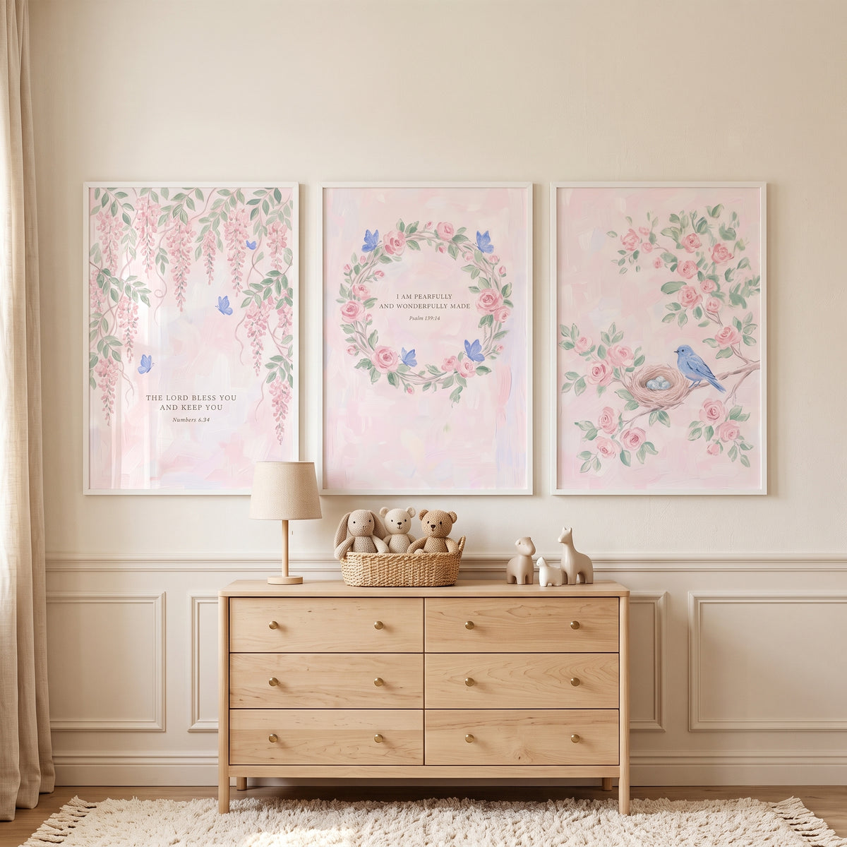 Serene Pink Floral Wall Art Set of 3 - Heavenly Floral Blessings