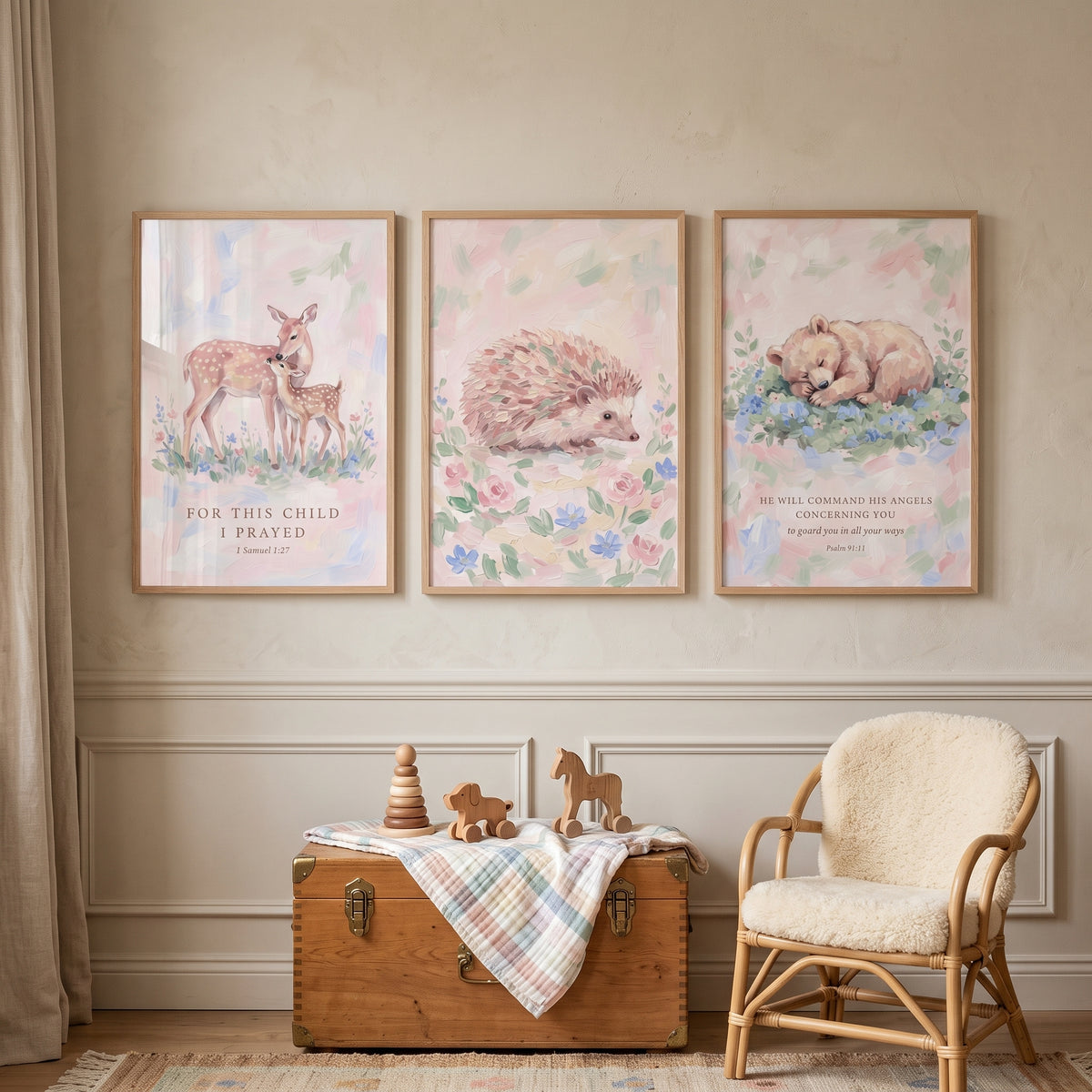 Serene Pink Forest Animals Wall Art Set of 3 - Woodland Bible Blessings