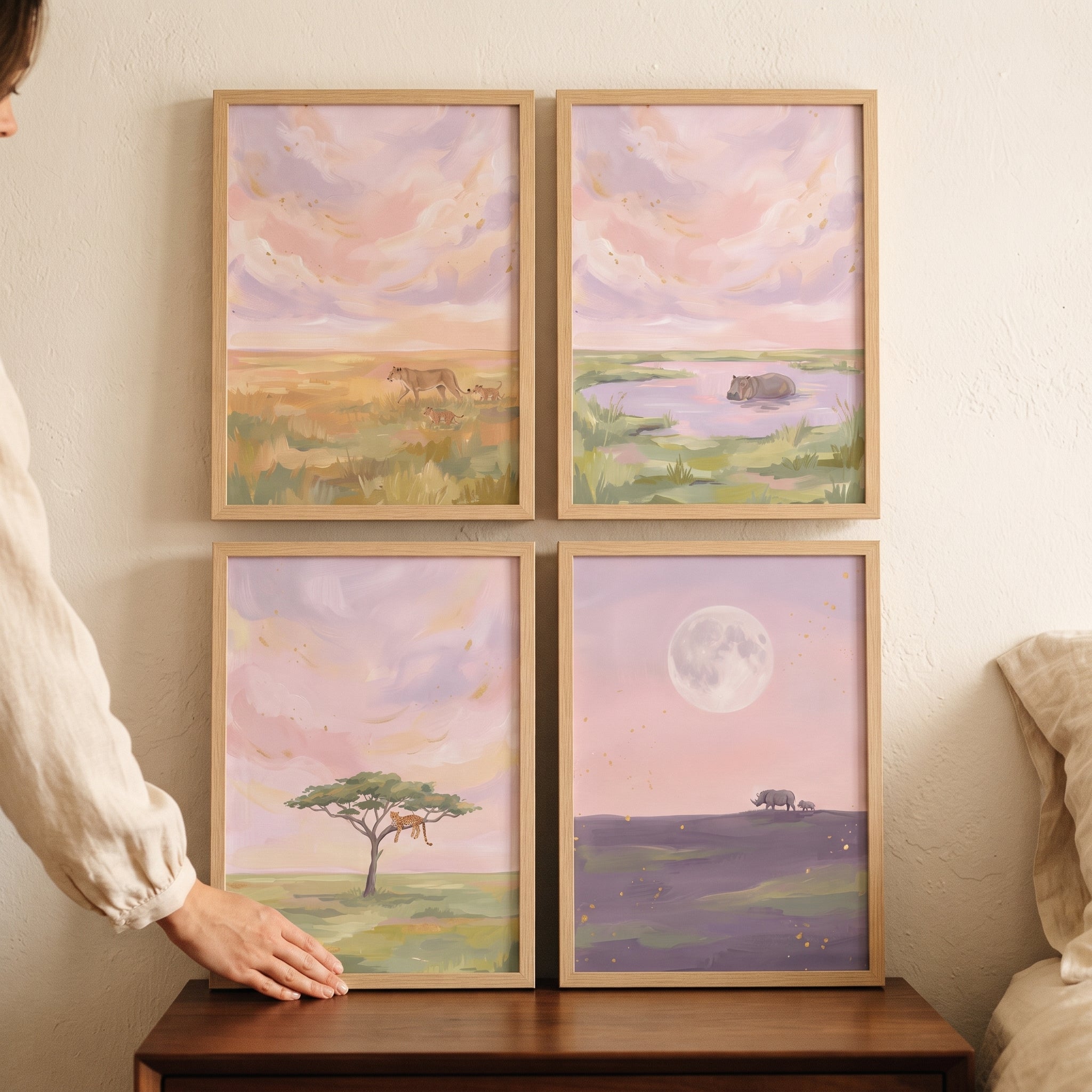 Serene Pink Safari Animals Wall Art Set of 4 - Gentle Wildlife Horizon