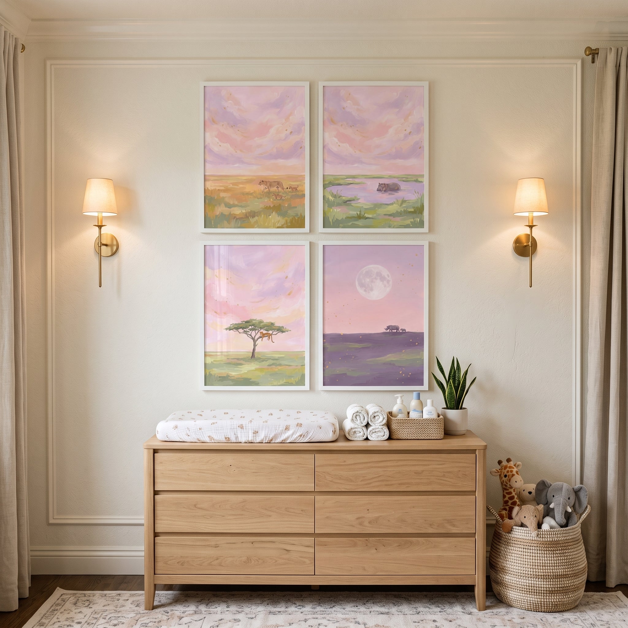 Serene Pink Safari Animals Wall Art Set of 4 - Gentle Wildlife Horizon