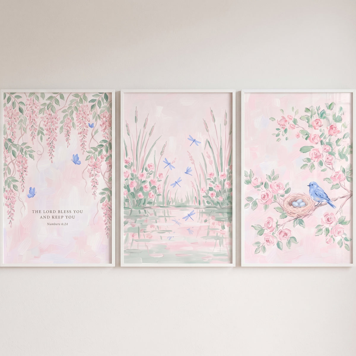 Serene pink spring garden wall art set of 3 with wisteria vines, dragonflies over a pond, and a nesting bluebird.