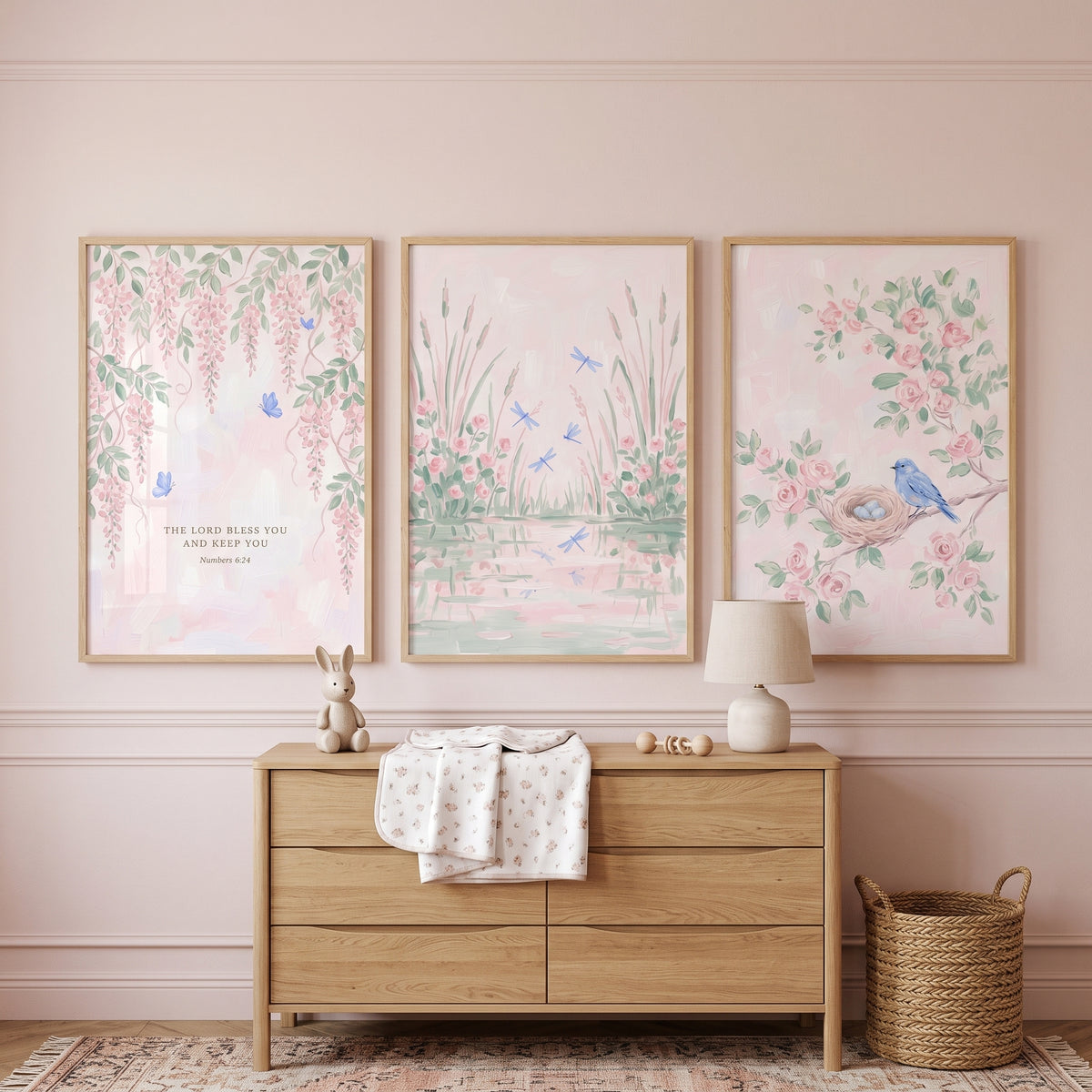 Serene Pink Spring Garden Wall Art Set of 3 - Pastel Floral Blessings