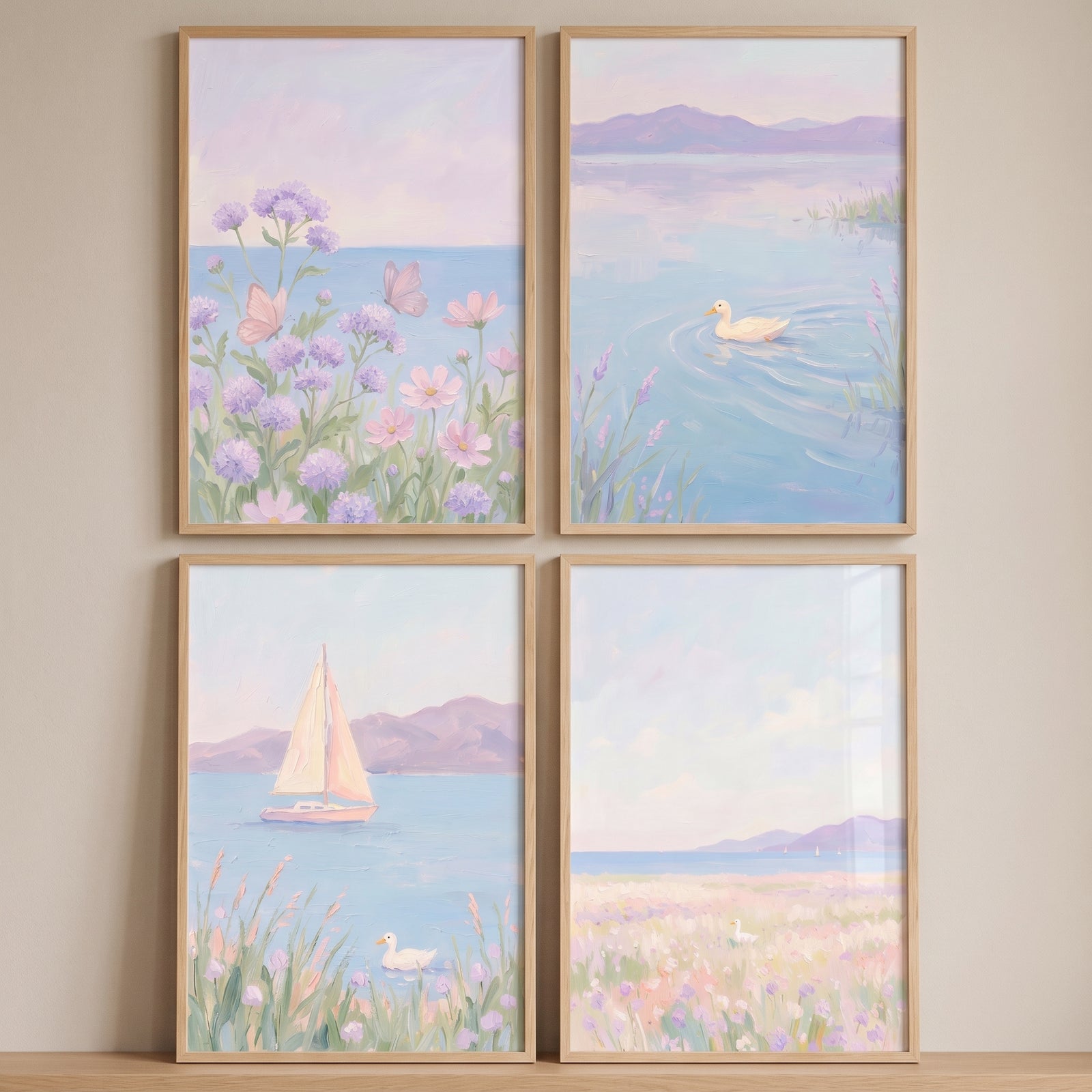 Serene purple wildflower coastal wall art set of 4 with ducks, sailboats, and lavender blooms in light wood frames.