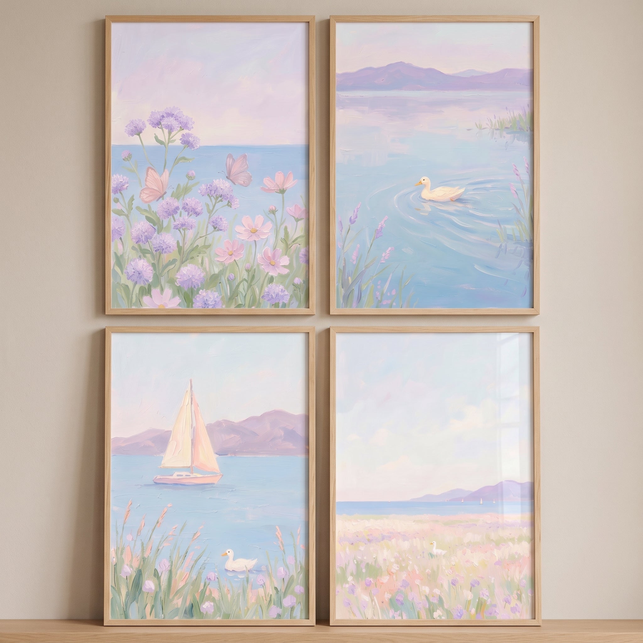Serene Purple Wildflower Coastal Wall Art Set of 4 - Pastel Lakeside Dreams