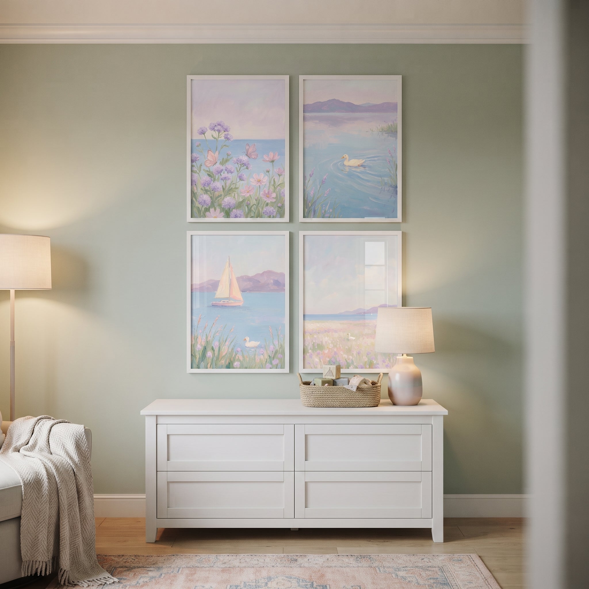 Serene Purple Wildflower Coastal Wall Art Set of 4 - Pastel Lakeside Dreams