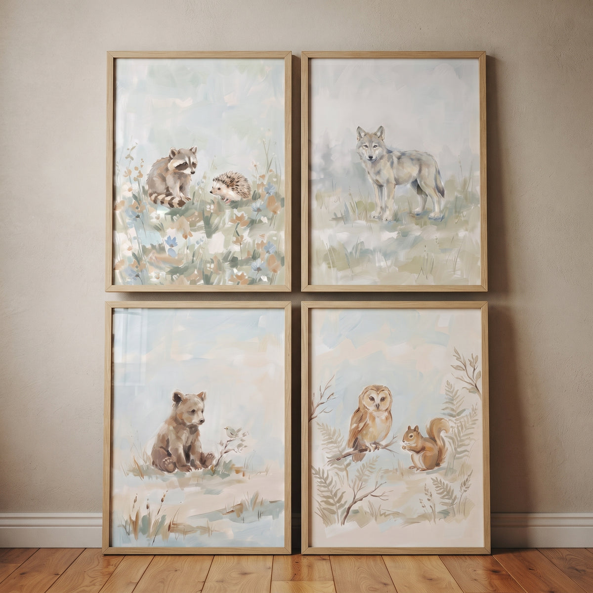 Serene sage forest animals artwork set of 4 features a wolf, bear, owl, raccoon, squirrel, and hedgehog in wood frames.