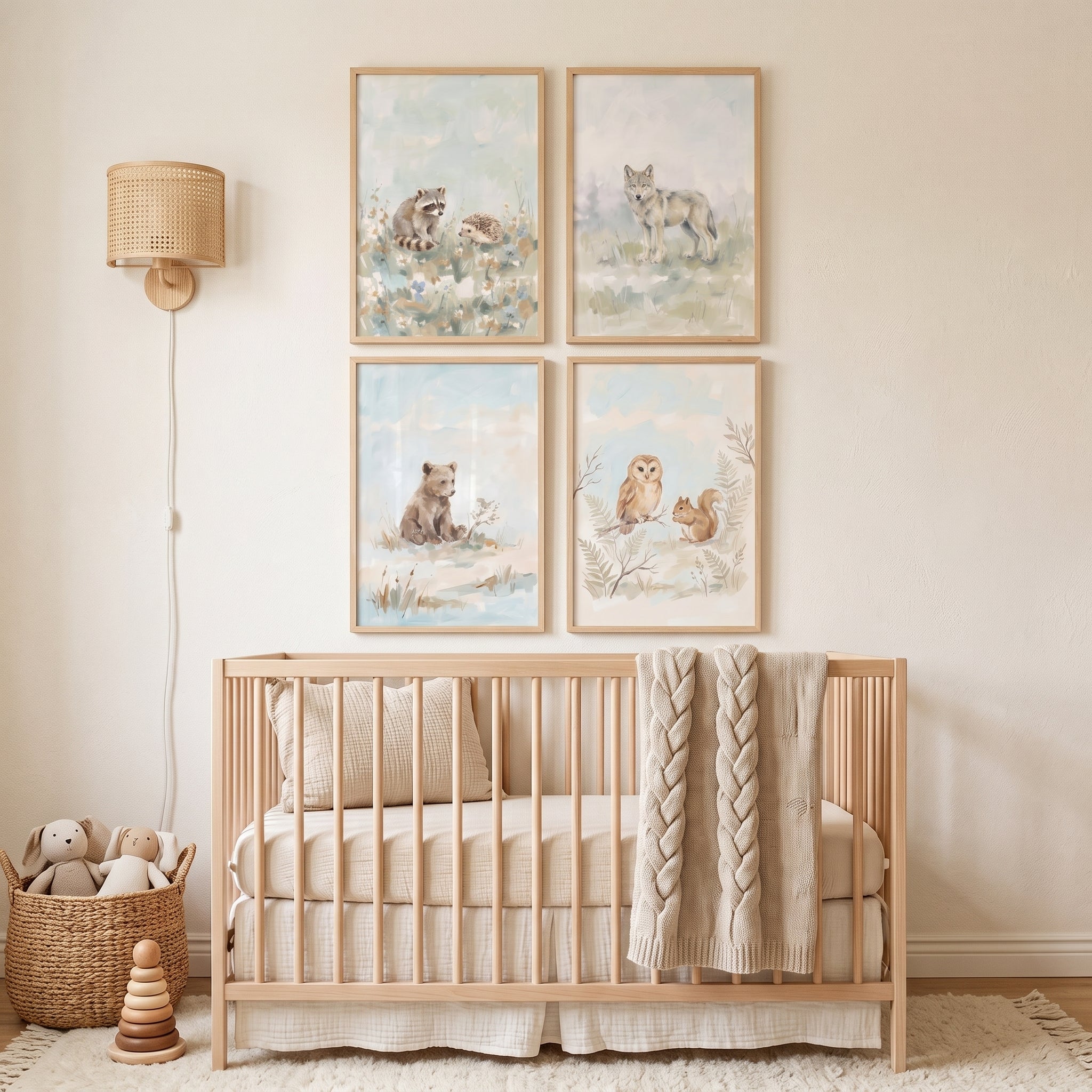 Serene Sage Forest Animals Artwork Set of 4 - Wildwood Animal Friends