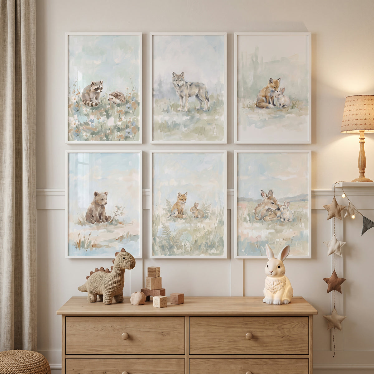 Serene Sage Forest Animals Artwork Set Of 6 - Gentle Forest Creatures