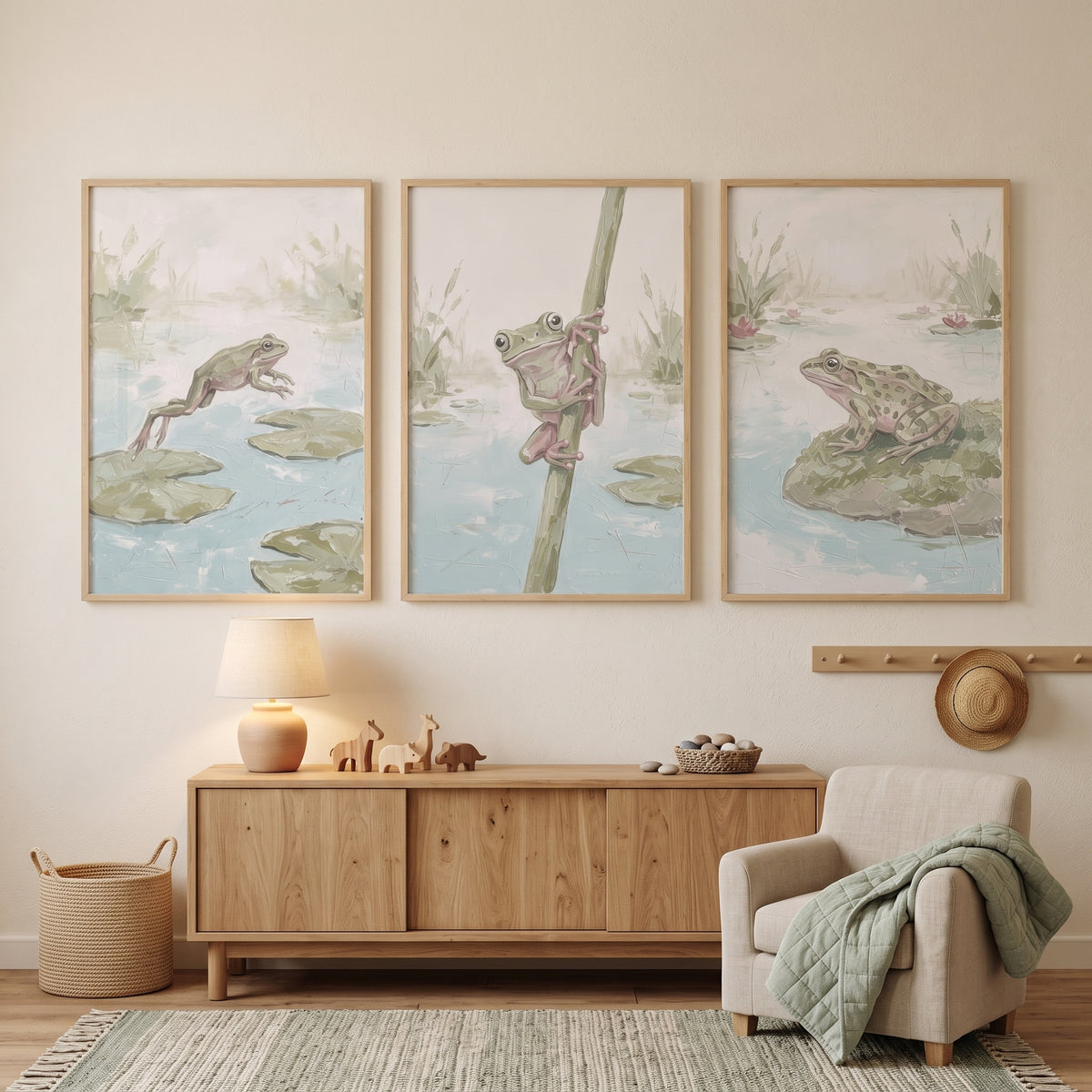 Serene Sage Green Frog Wall Art Set Of 3 - Leaping Lily Frogs