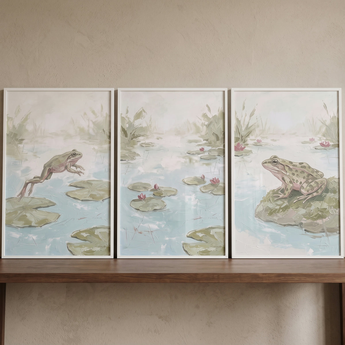 Serene Sage Lily Pad Pond Wall Art Set of 3 - Quiet Marsh Scene