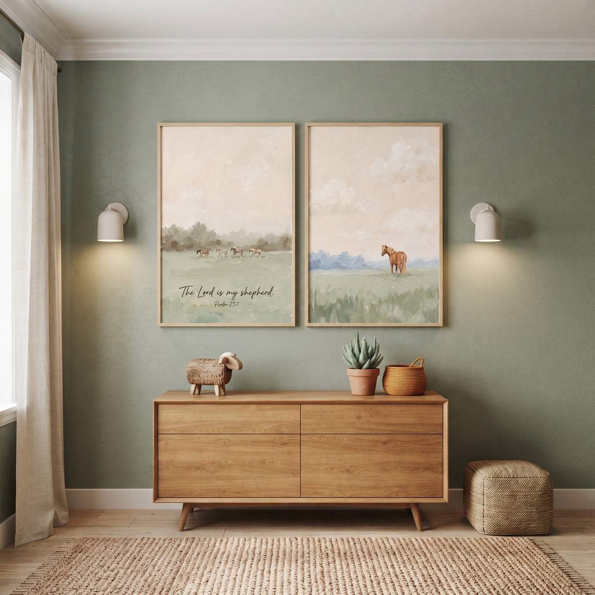 Serene Sage Meadow Horse Wall Art Set Of 2 - Peaceful Psalm Pasture