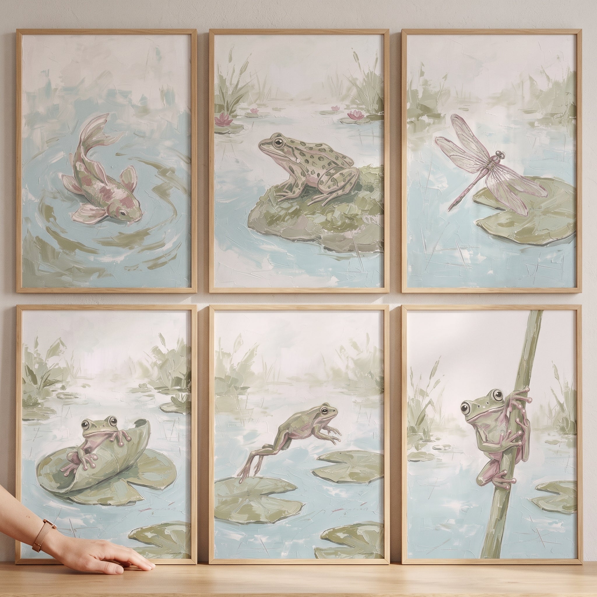 Serene Sage Pond Animals Wall Art Set of 6 - Gentle Marsh Wonders