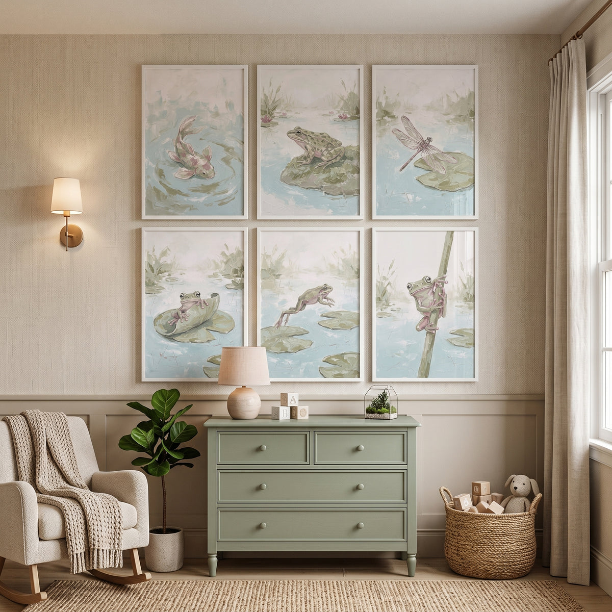 Serene Sage Pond Animals Wall Art Set of 6 - Gentle Marsh Wonders