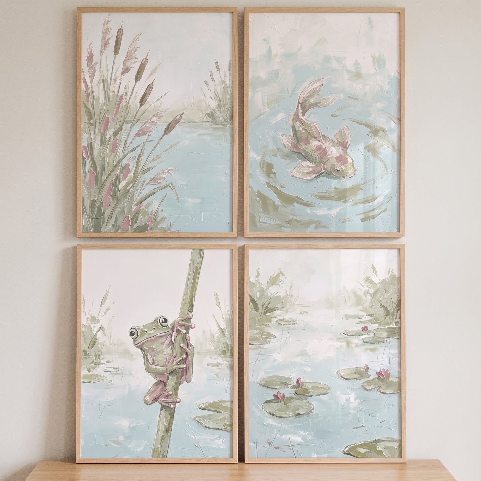 Serene sage pond wall art set of 4 featuring a climbing frog, swimming fish, lily pads, and cattails in muted tones.