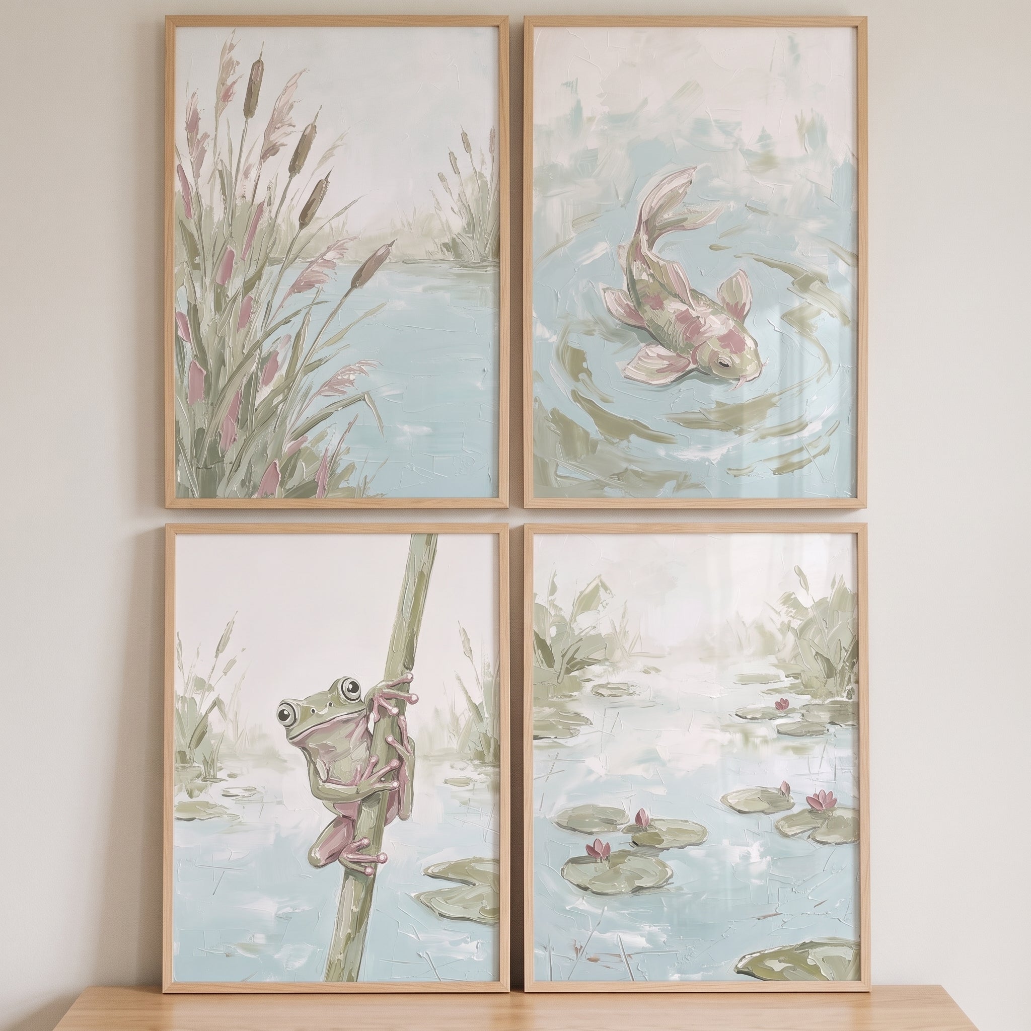 Serene Sage Pond Wall Art Set Of 4 - Gentle Water Scenes