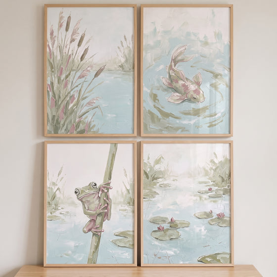 Serene sage pond wall art set of 4 featuring a climbing frog, swimming fish, lily pads, and cattails in muted tones.