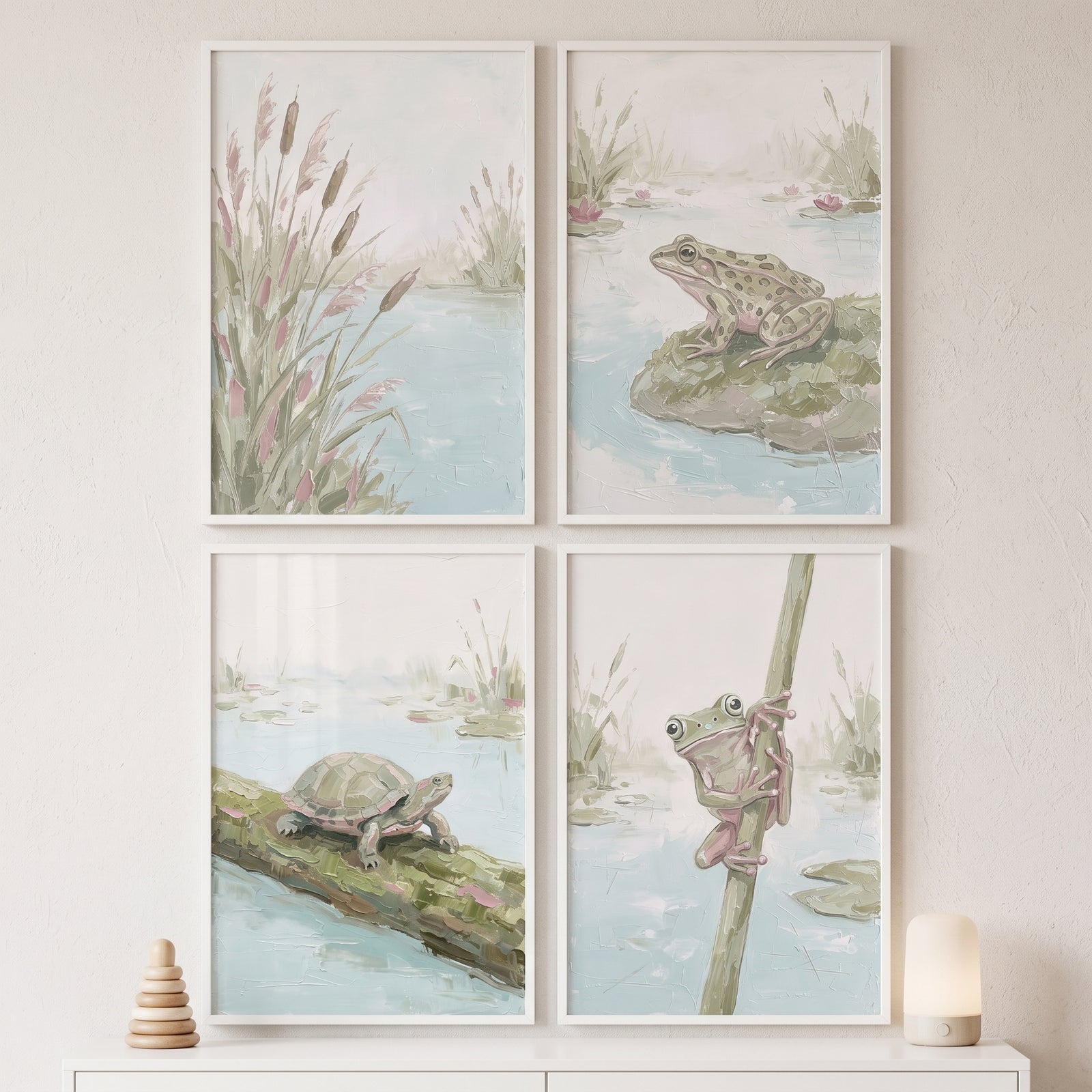Serene sage pond wall art set of 4 illustrations of a turtle, frogs, and cattails in soft green and blue watercolor tones.