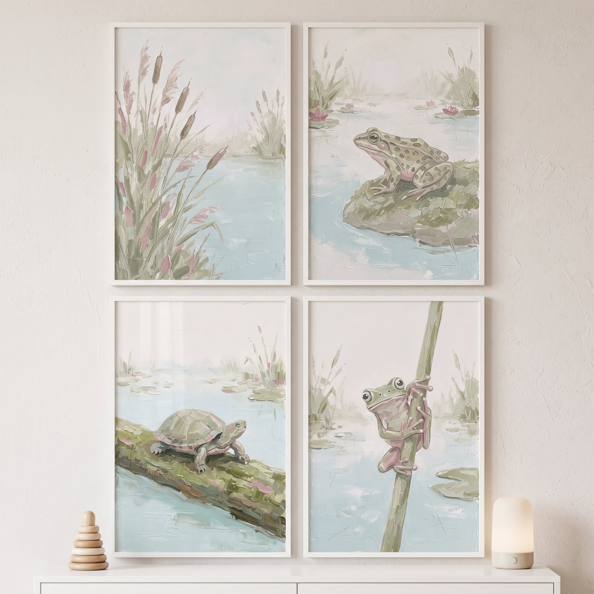 Serene Sage Pond Wall Art Set Of 4 - Pastel Pond Critters