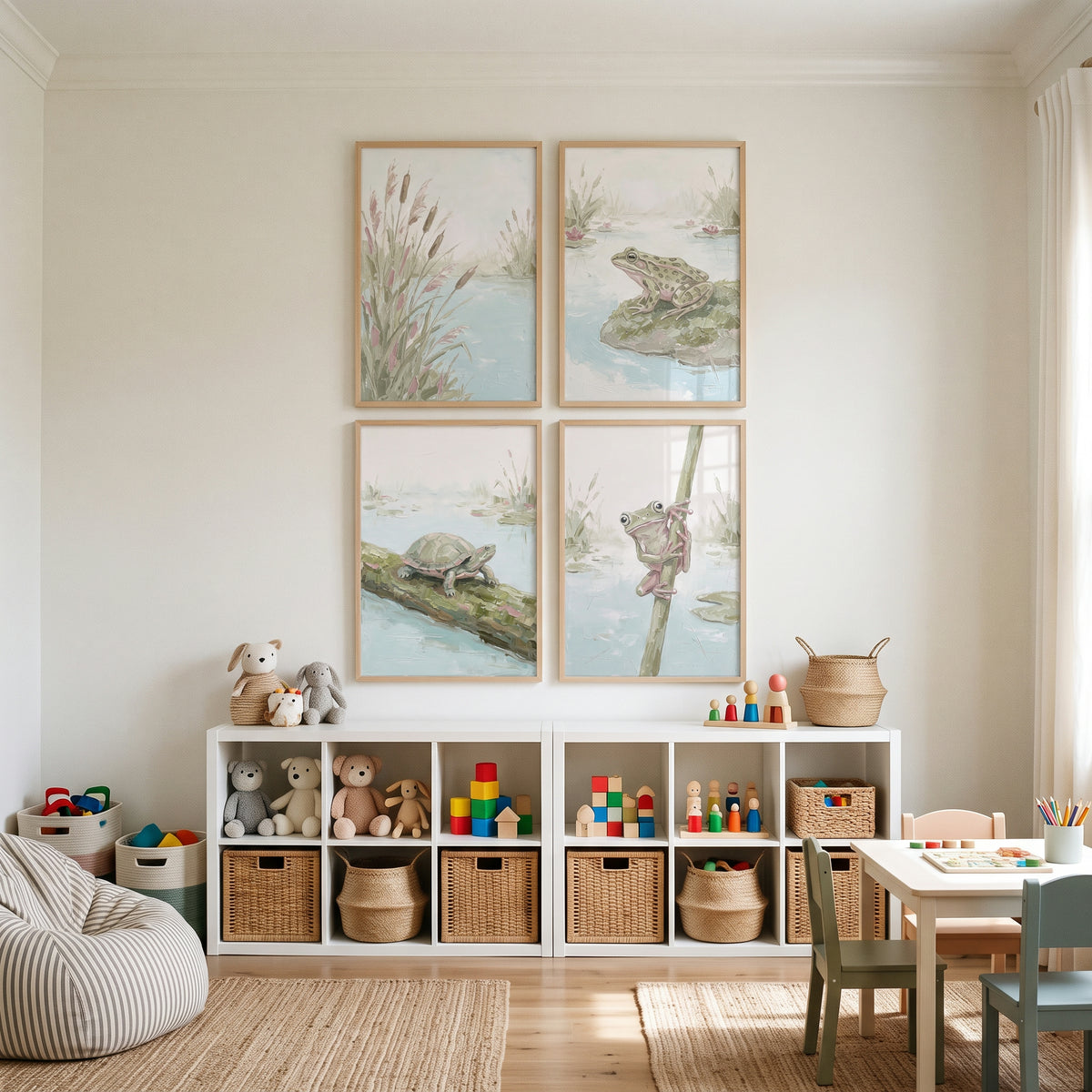 Serene Sage Pond Wall Art Set Of 4 - Pastel Pond Critters