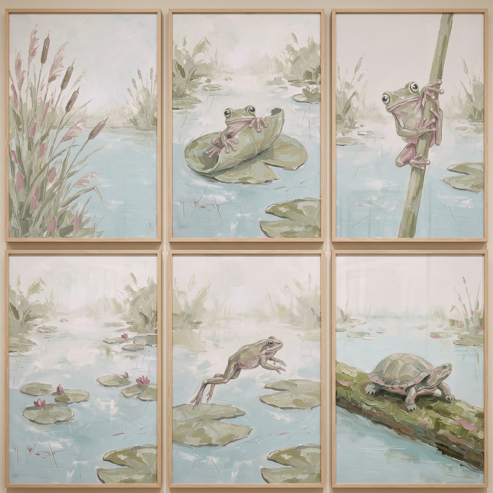 Serene sage wetland animals wall art set of 6 shows frogs and a turtle among reeds and lily pads in soft, muted colors.