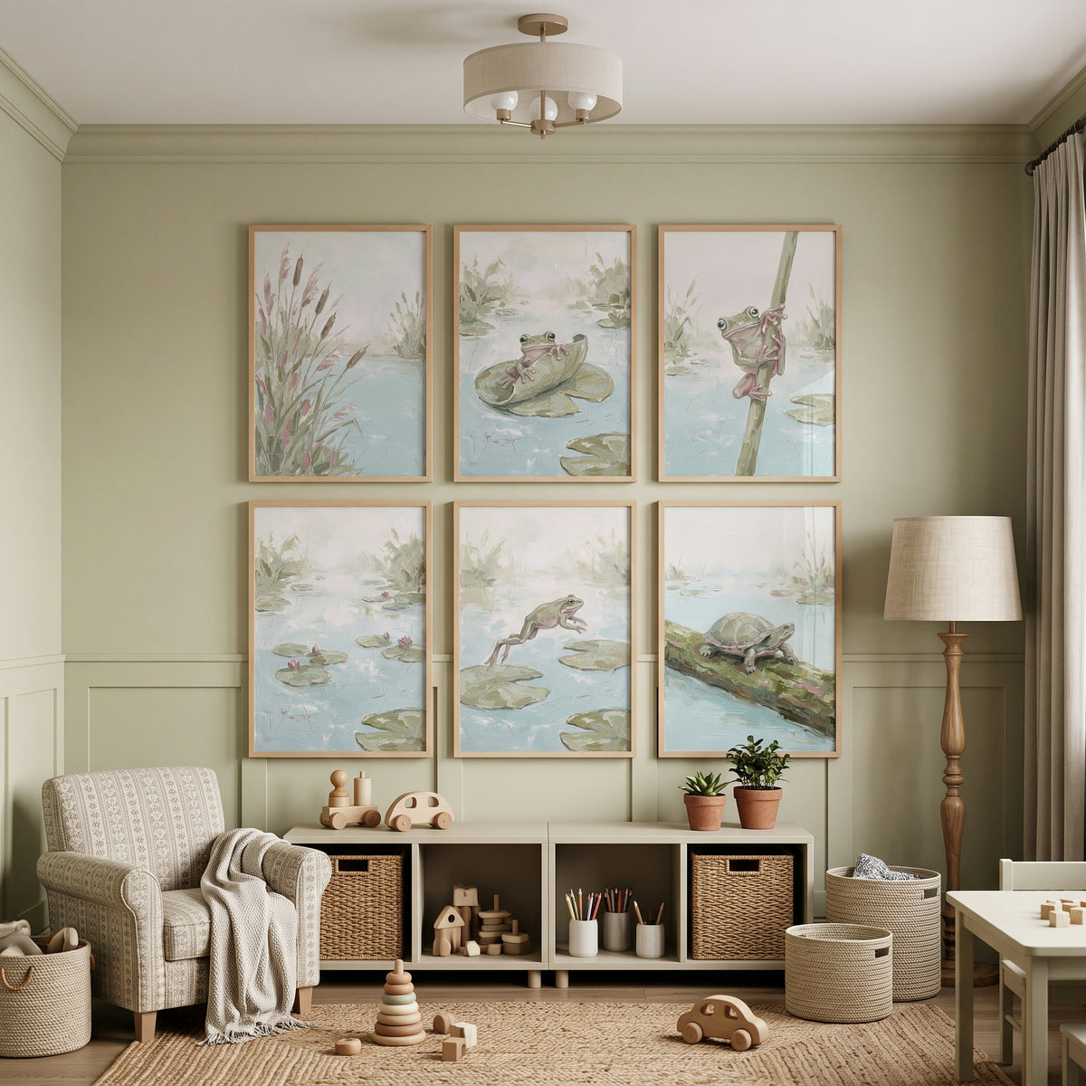 Serene Sage Wetland Animals Wall Art Set of 6 - Quiet Marshland Tales