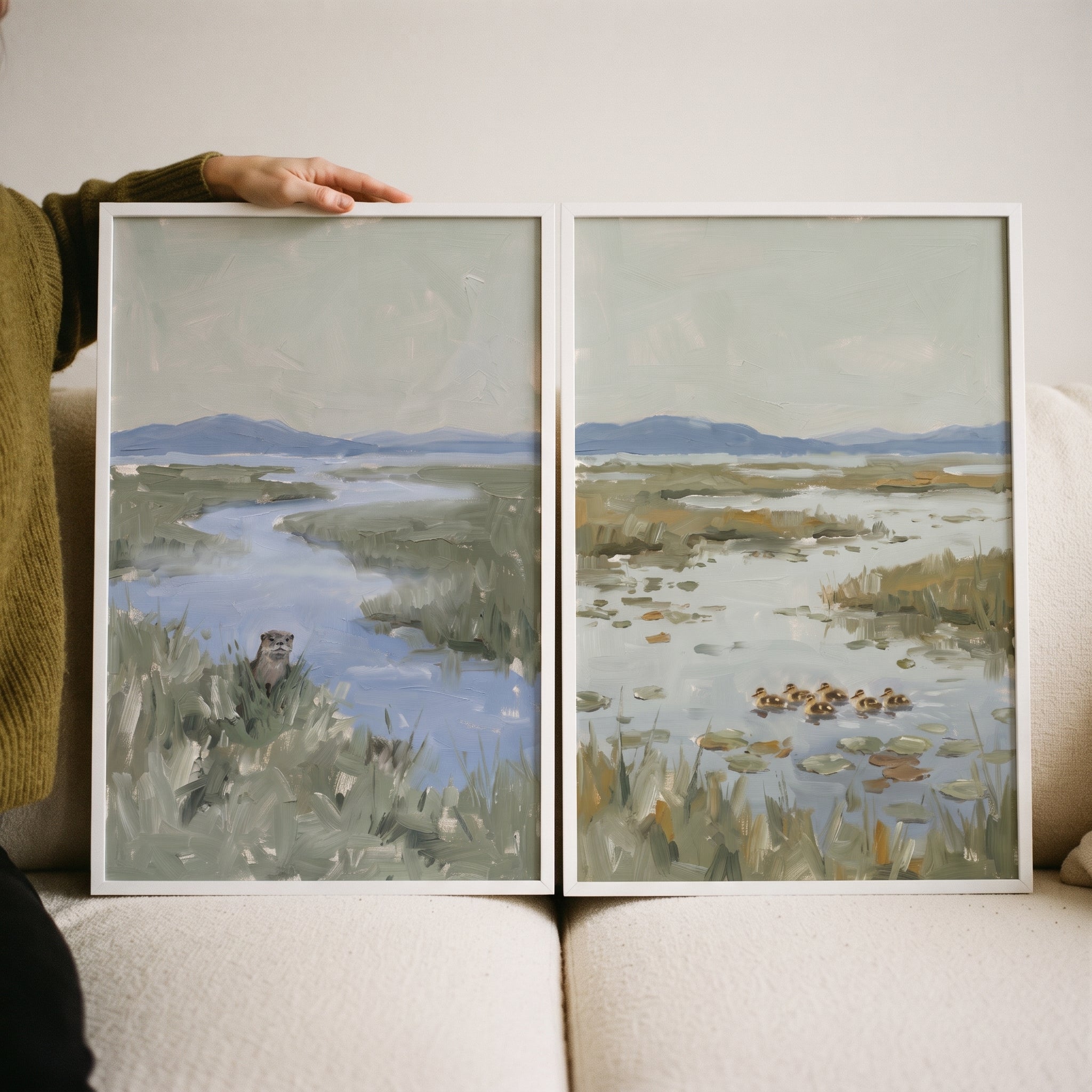 Serene Sage Wetland Wildlife Animals Wall Art Set of 2 - Marshland Wildlife Duo