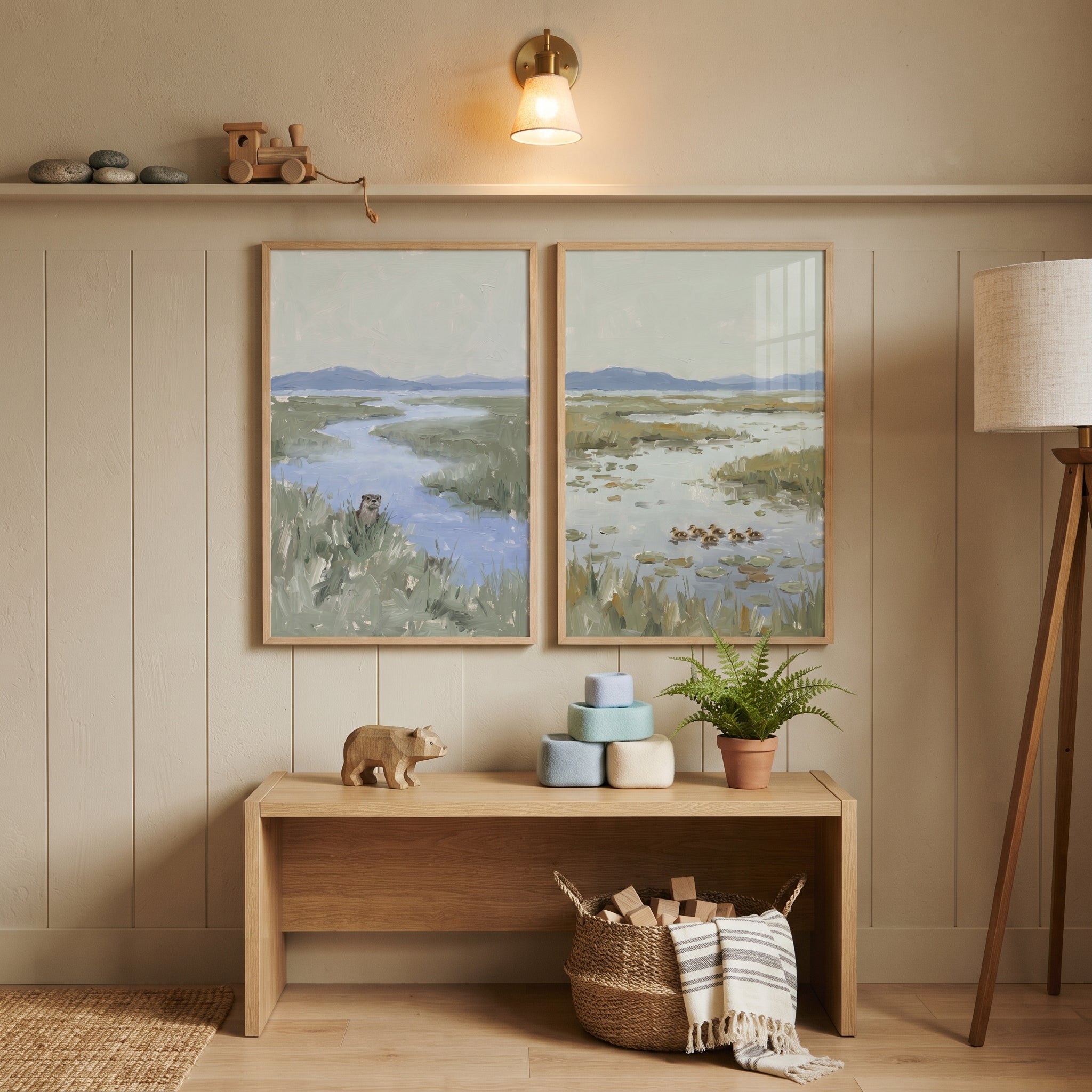 Serene Sage Wetland Wildlife Animals Wall Art Set of 2 - Marshland Wildlife Duo