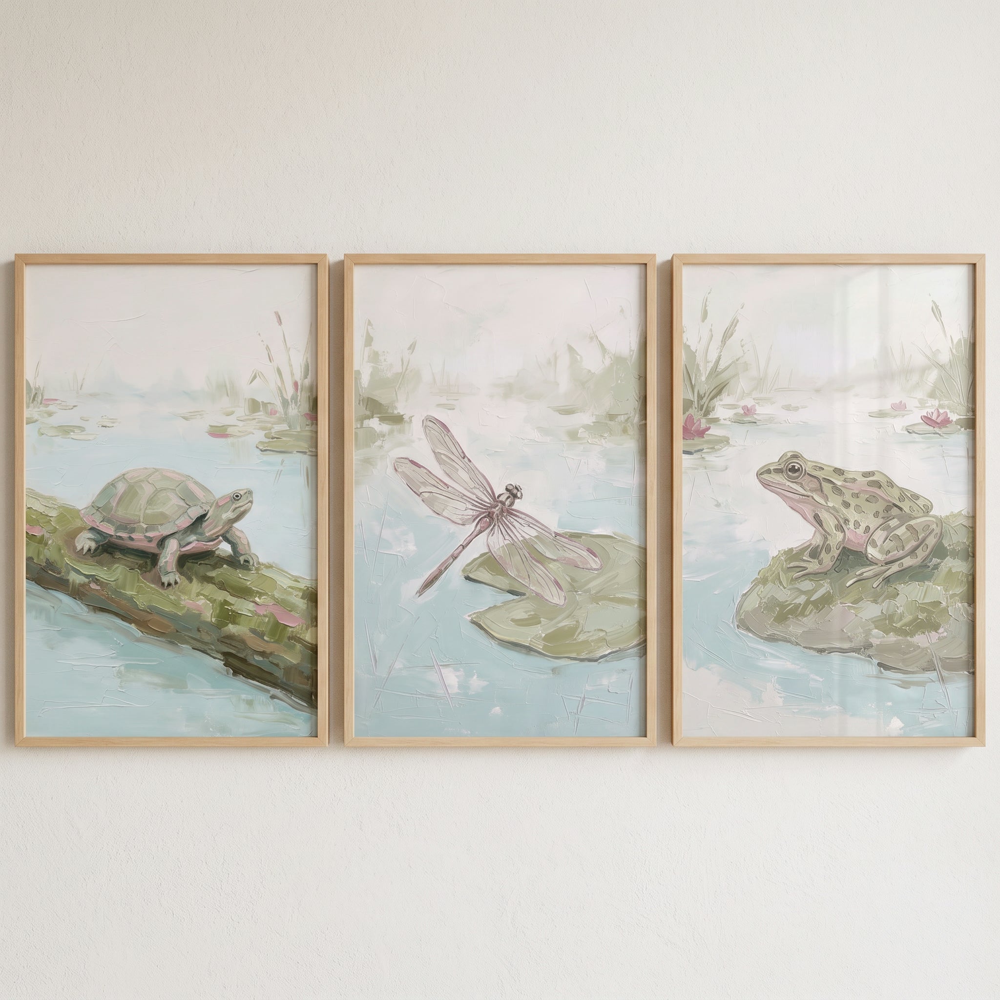 Serene Sage Wetland Wildlife Nature Wall Art Set of 3 - Gentle Waterside Nature