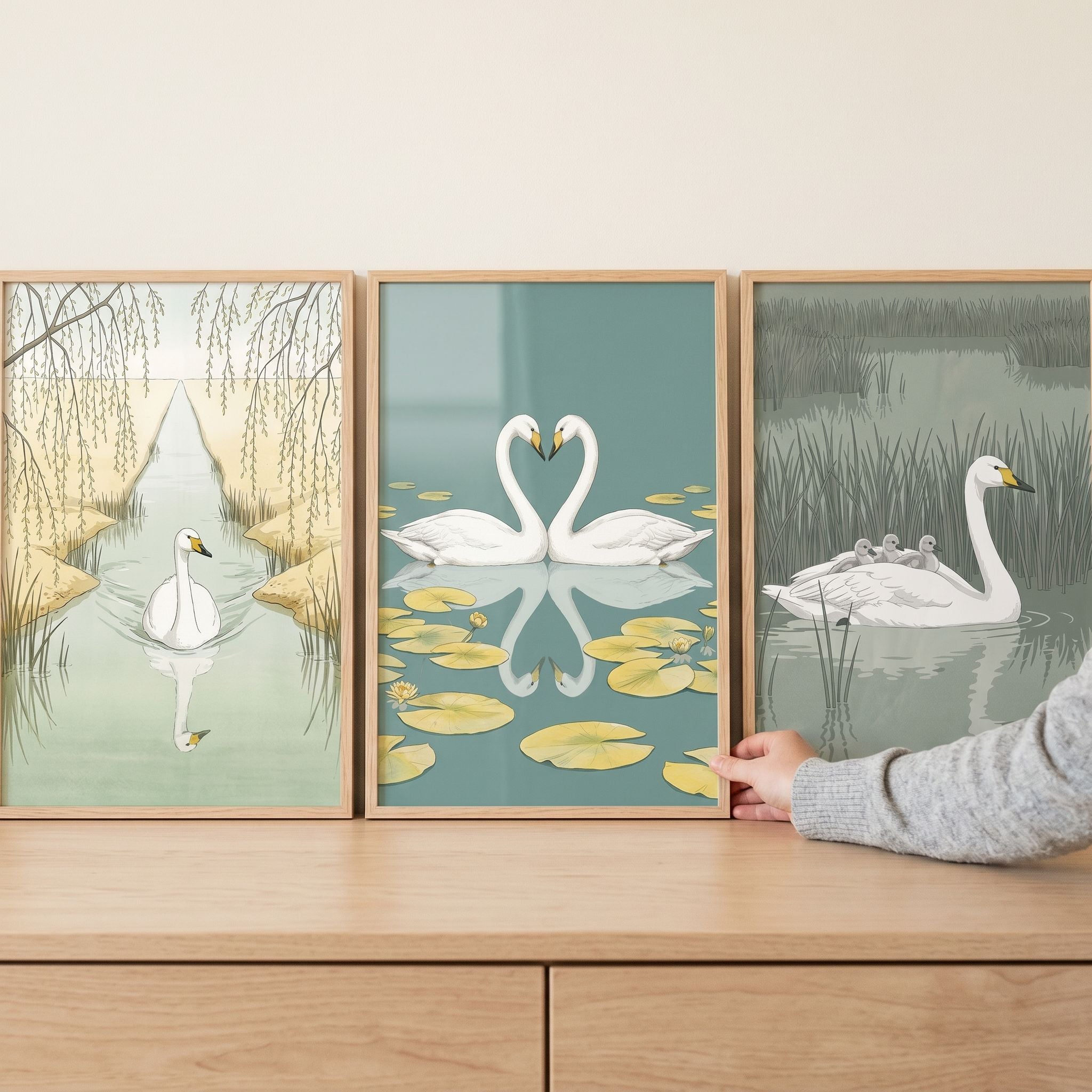 Serene Sage White Swan Wall Art Set Of 3 - Serene Swan Trio