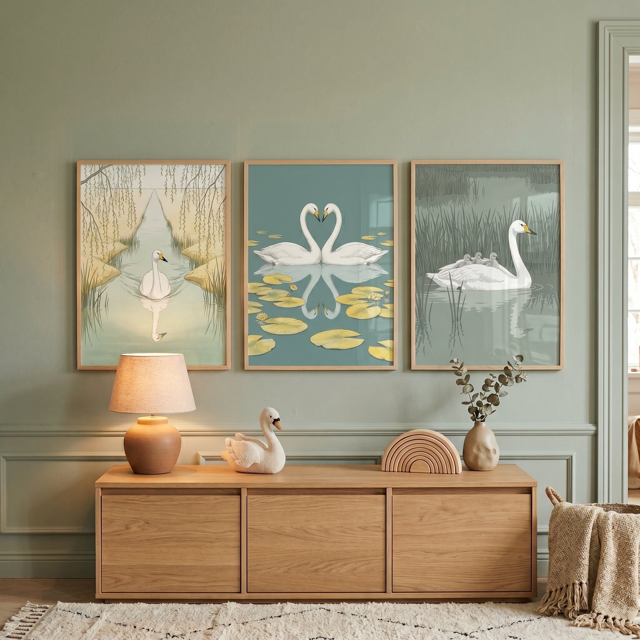Serene Sage White Swan Wall Art Set Of 3 - Serene Swan Trio