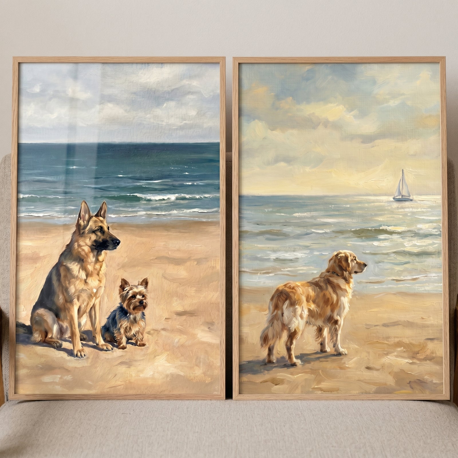 Serene sandy beach dogs wall art set of 2 with three dogs and a sailboat on the shore under soft cloudy skies.