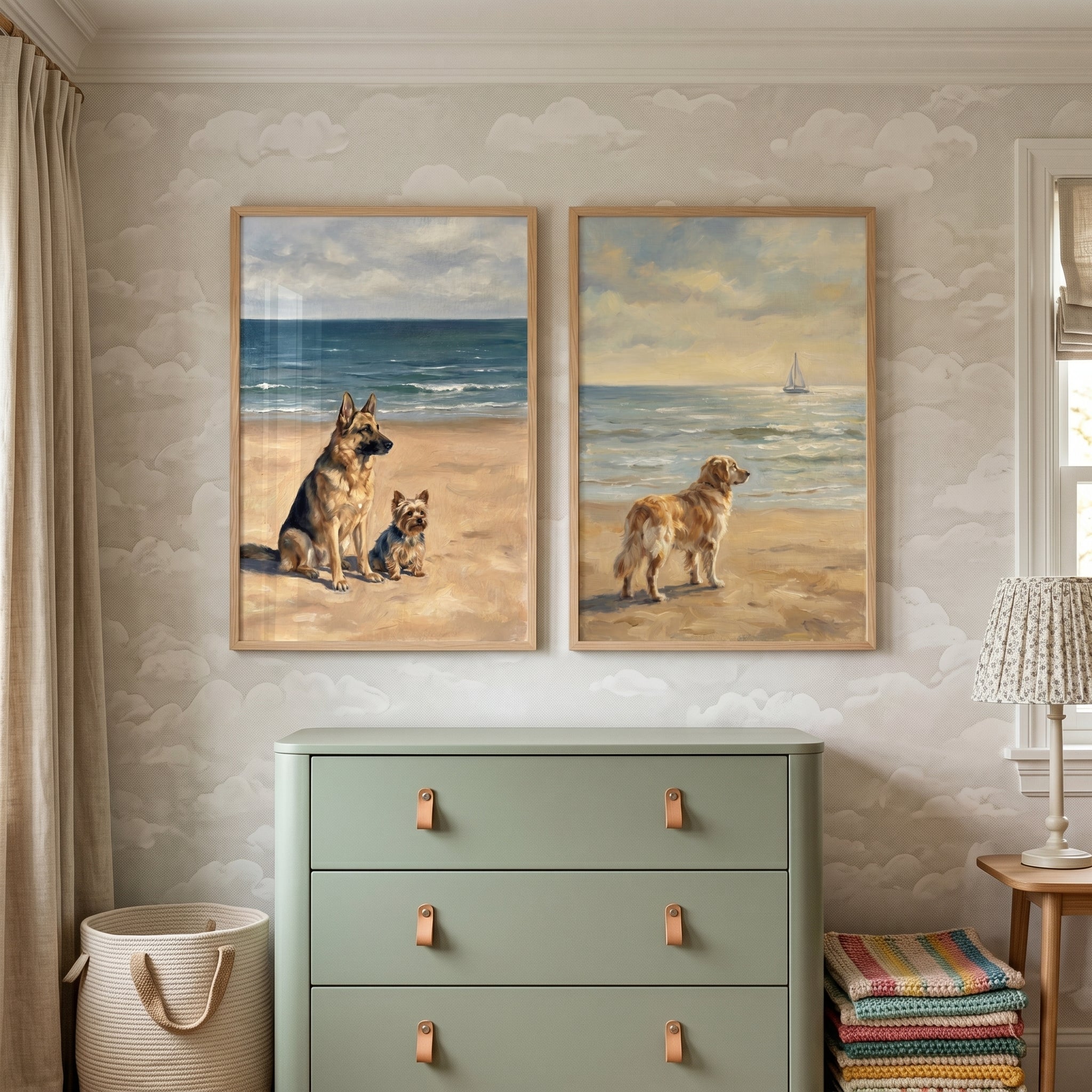 Serene Sandy Beach Dogs Wall Art Set of 2 - Coastal Canine Companions